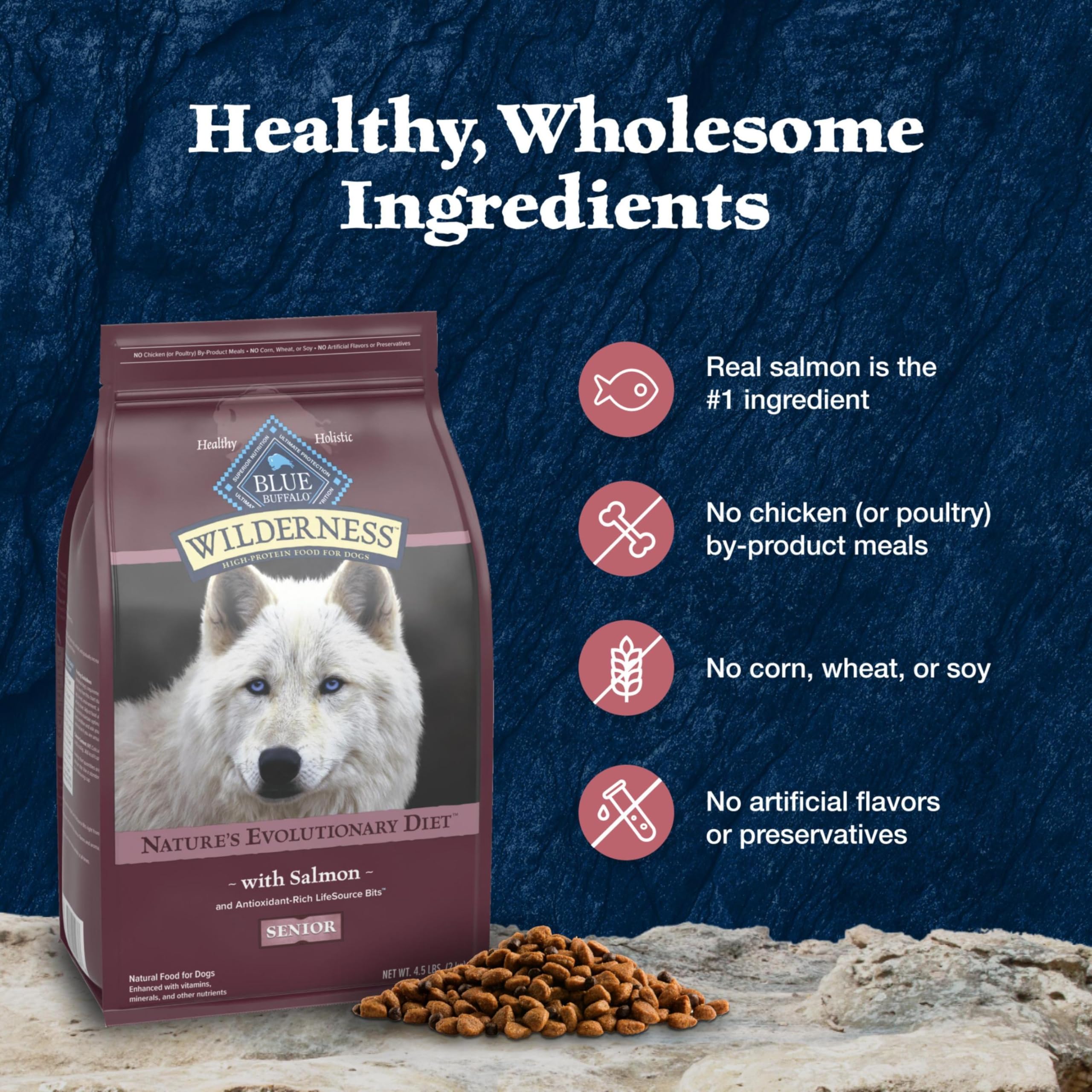 Blue Buffalo Wilderness High-Protein Natural Dry Food for Senior Dogs, Salmon Recipe, 24-lb. Bag