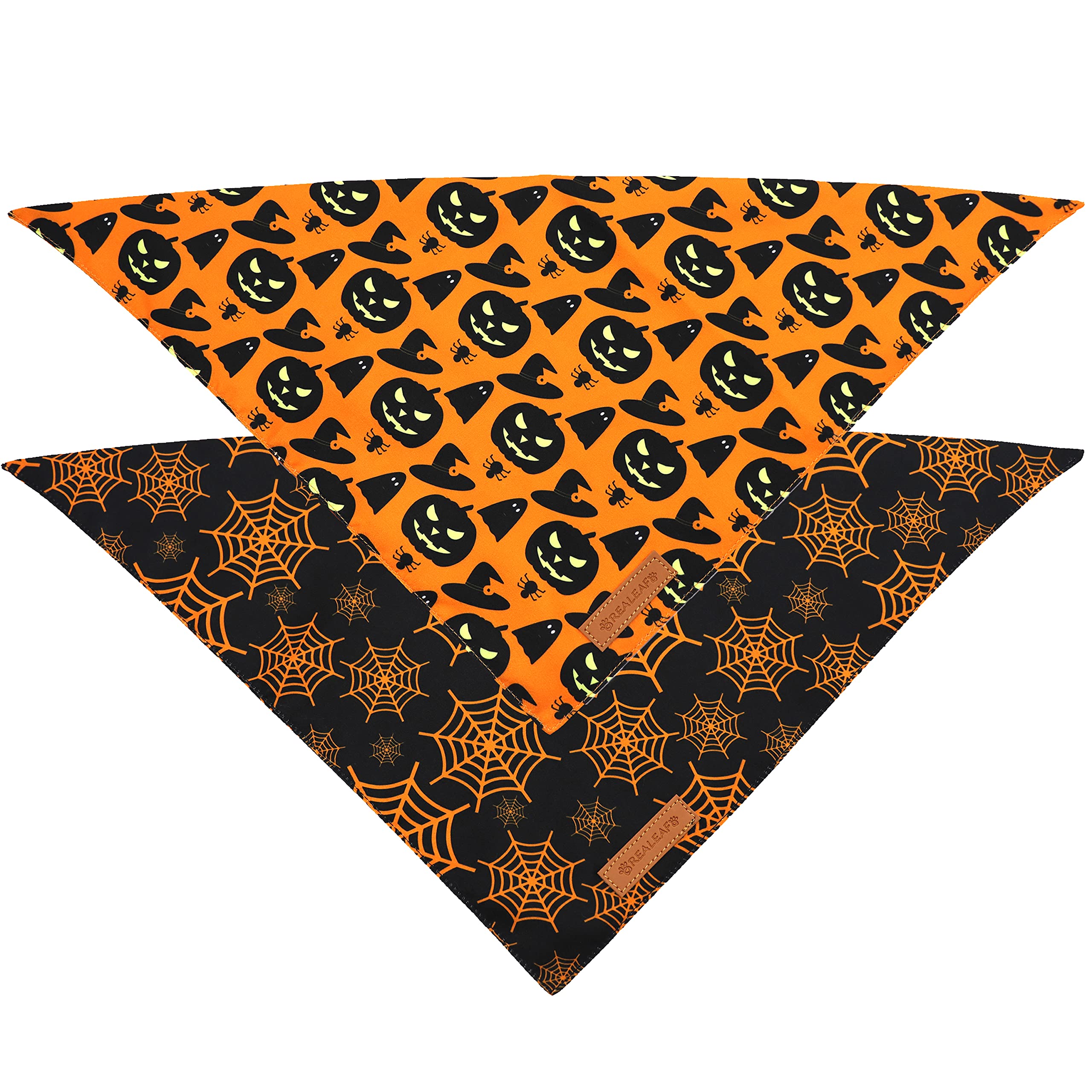 Realeaf Halloween Dog Bandanas 2 Pack, Pumpkin And Spider Web Bibs, Triangle Reversible Fall Pet Scarf, Multiple Sizes Offered, Premium Durable Fabric, Adjustable Fit
