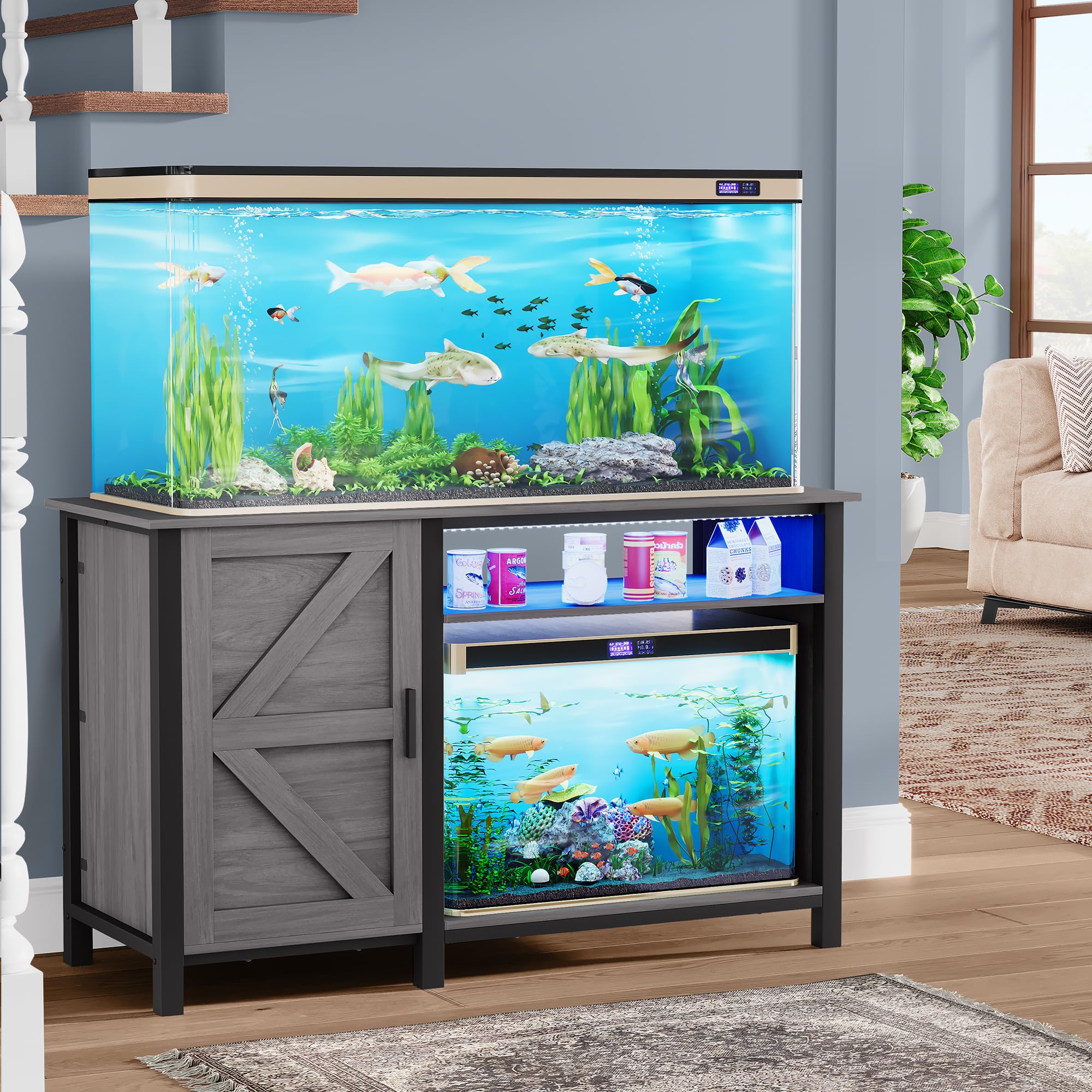 DWVO Aquarium Stand for 55-75 Gallon Fish Tank with Additional 20 Gallon Space and LED Lights, Fish Tank Stand with Adjustable D