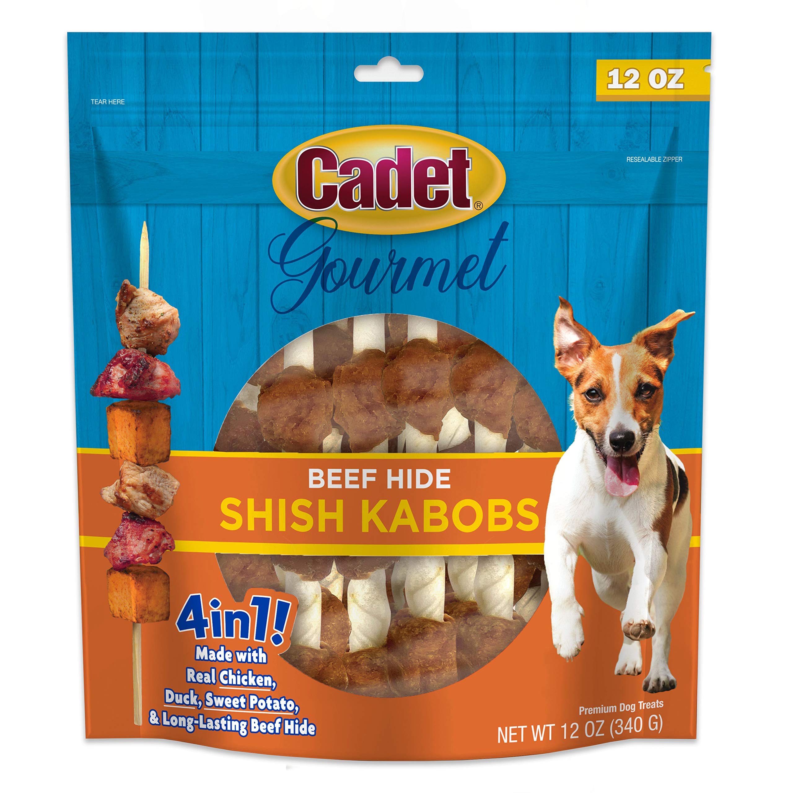 Cadet Gourmet Triple-Flavored Beef Hide Shish Kabob Dog Treats - Healthy & Natural Chicken, Duck, & Sweet Potato Dog Treats, 5 i