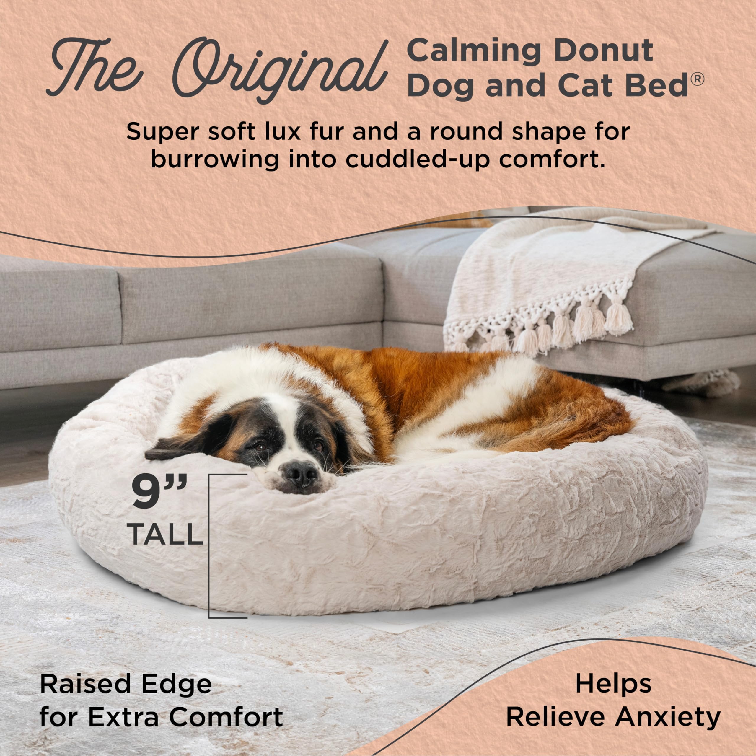 Best Friends By Sheri The Original Calming Donut Dog And Cat Bed In Lux Fur, Oyster, Extra Large, 45X45