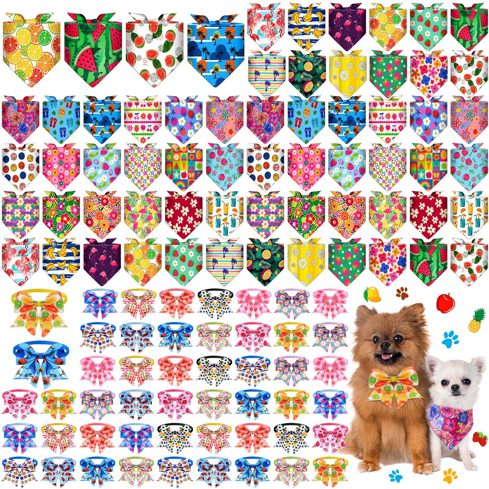 Sanwuta 108 Pcs Dog Bandanas Bulk for Summer Soft Breathable Dog Multi Color Fruits Bow Ties Adjustable Pet Collar Bowtie Triang