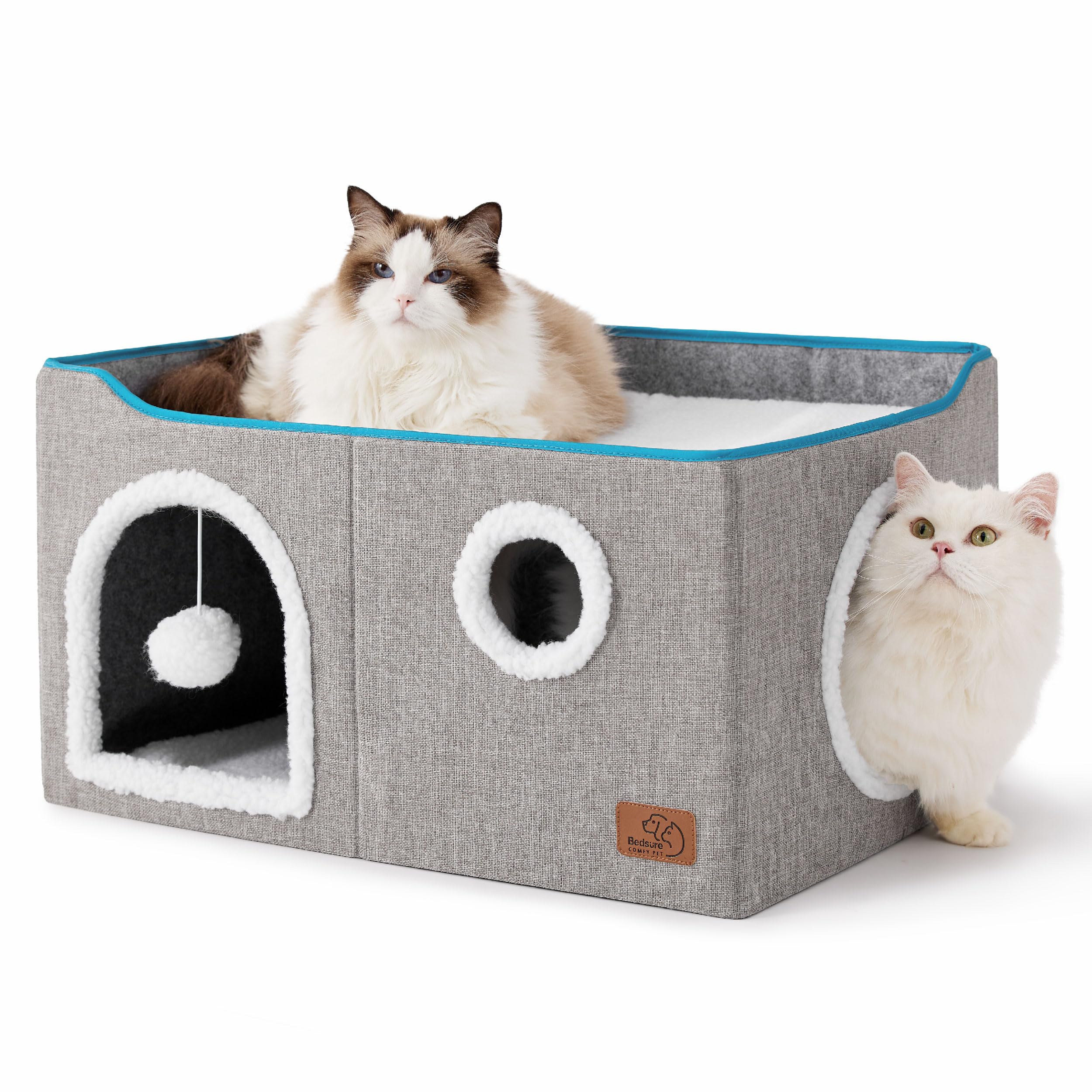 Bedsure Extra-Wide Cat House For Indoor Cats - Large Cat Cave For Pet Cat House With Fluffy Ball Hanging And Scratch Pad, Foldable Cat Hideaway For Multi Cats, 23.6X16.9X13 Inches, Grey