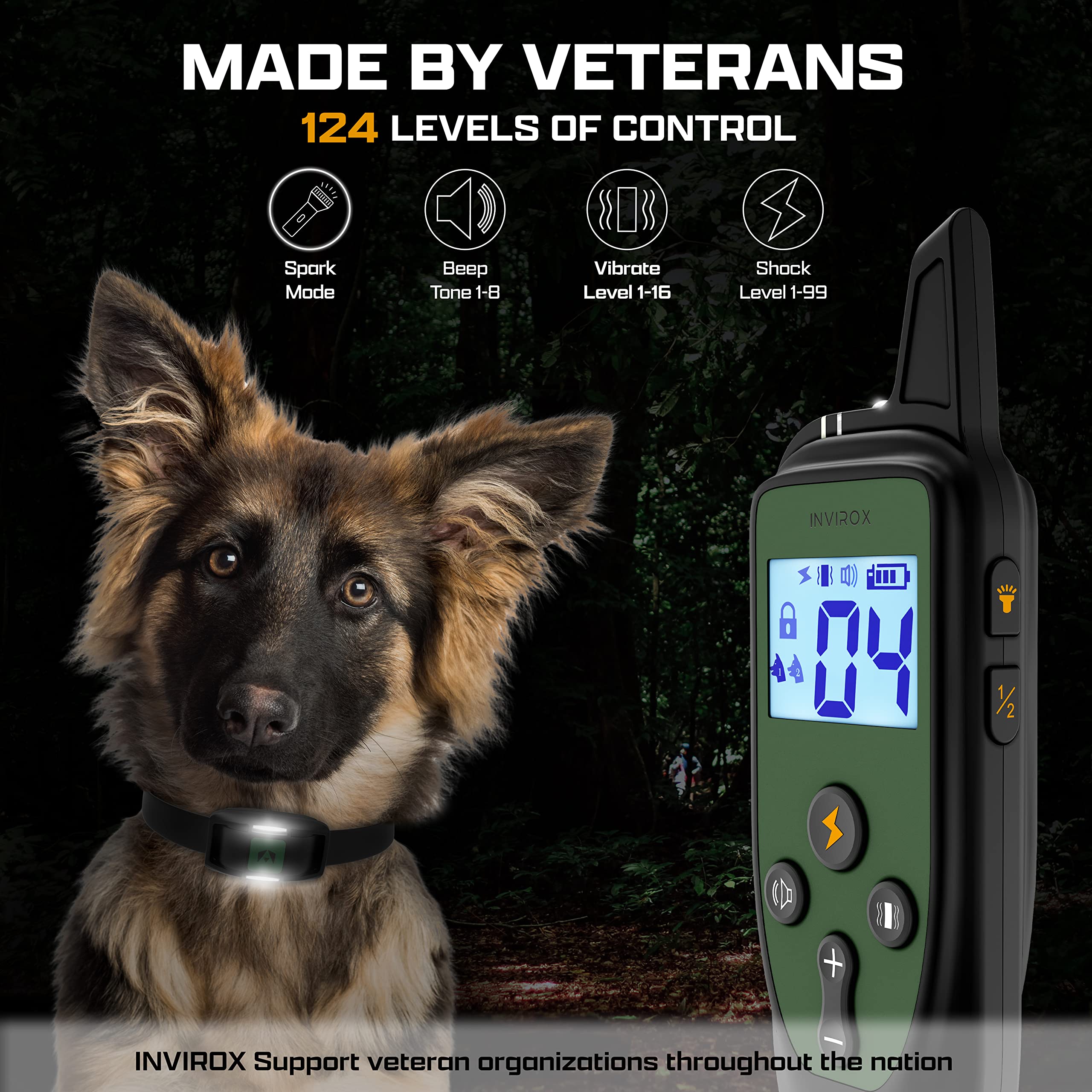 INVIROX Spark K9 Dog Training Collar - 124 Levels, 1100yd Range, Waterproof, Navy Green