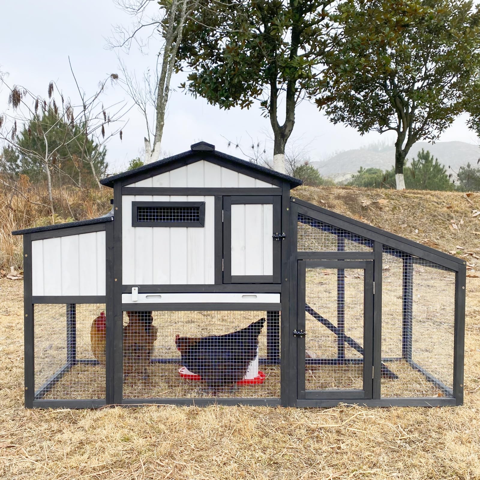 Chicken Coop and Run, Two Story Rabbit Hutch Indoor Outdoor, Wooden Hen House with Nesting Box Rabbit Cage, Ramp, Deep No Leak P