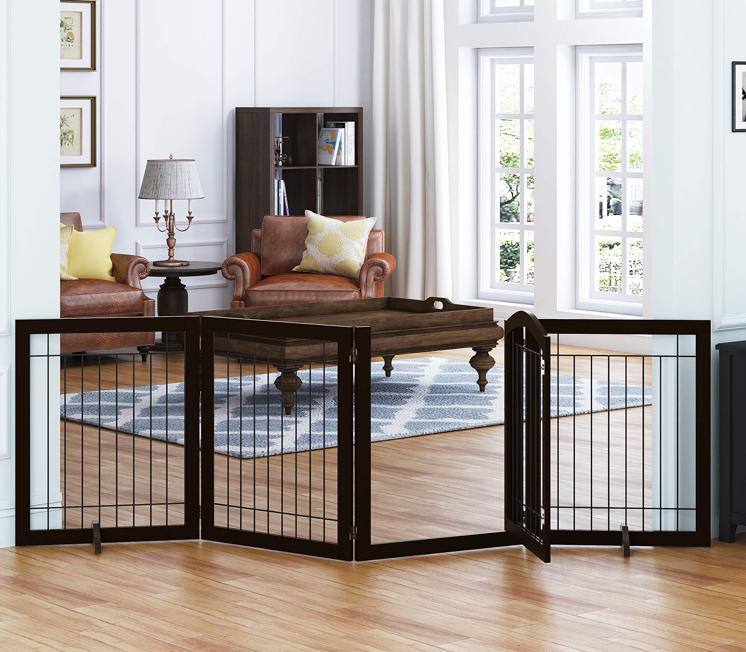 SPIRICH 96-inch Extra Wide 30-inches Tall Dog Gate with Door Walk Through, Freestanding Wire Pet Gate for The House, Doorway, St