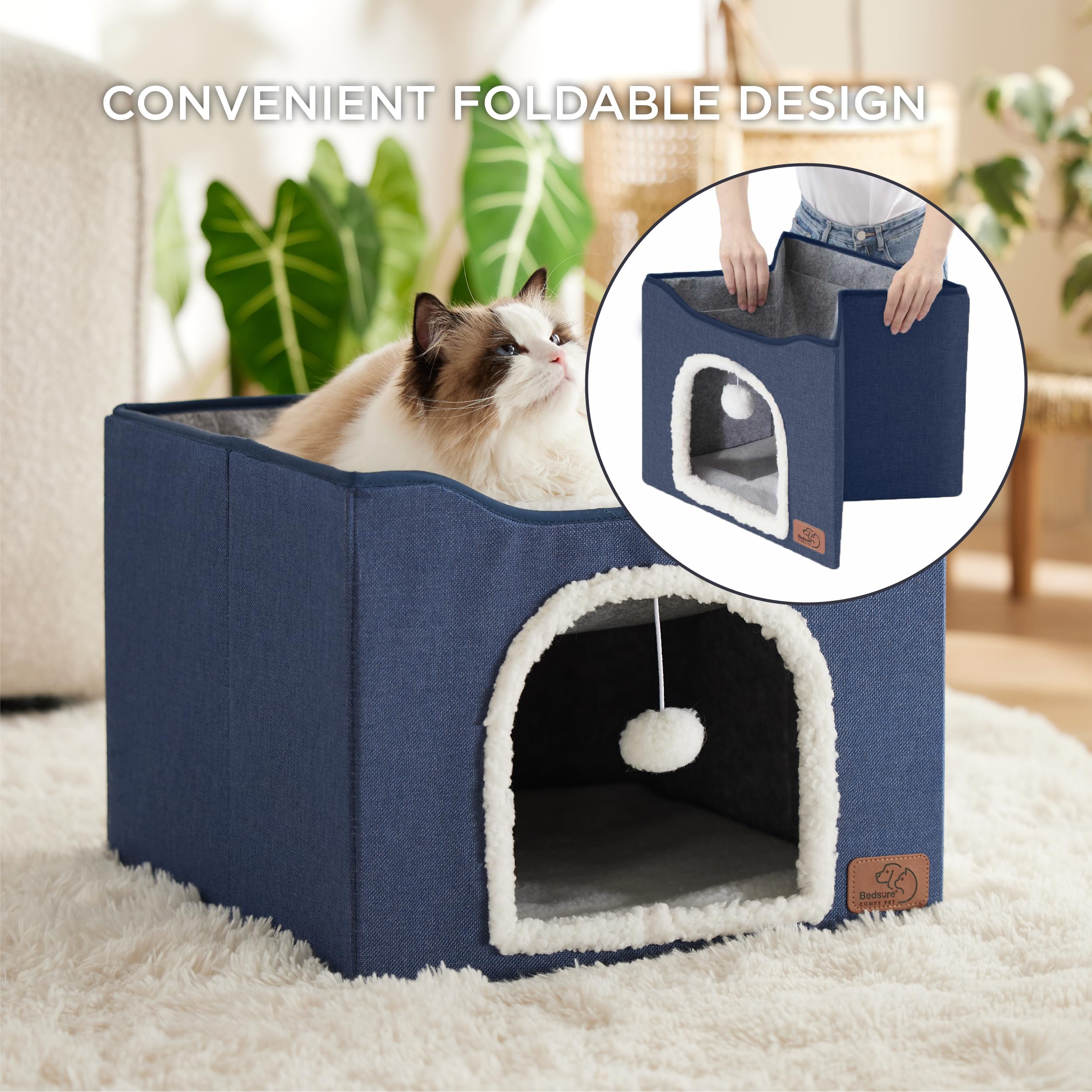 Bedsure Cat Beds For Indoor Cats - Large Cat Cave For Pet Cat House With Fluffy Ball Hanging And Scratch Pad, Foldable Cat Hideaway,16.5X16.5X13 Inches, Blue