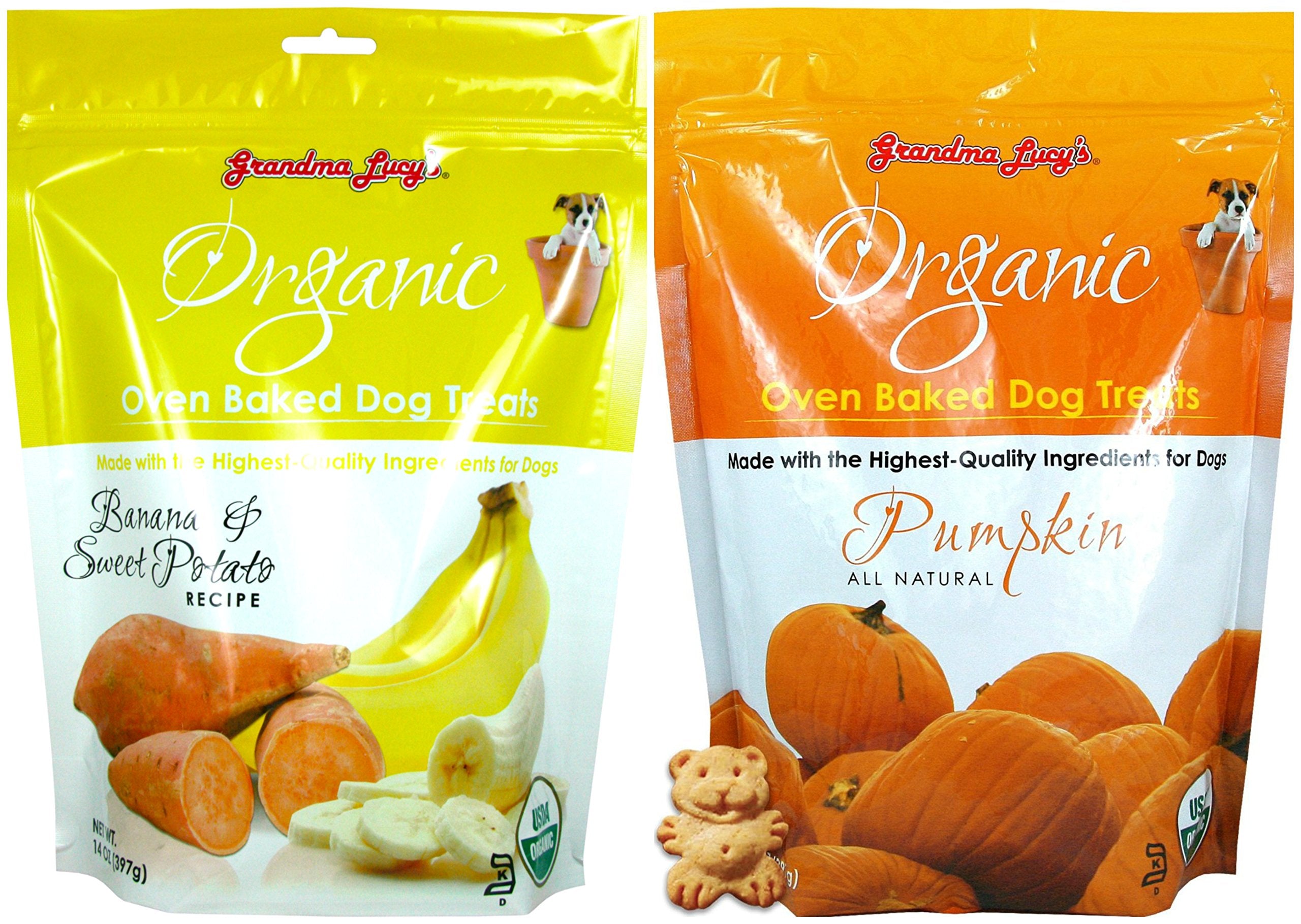 Grandma Lucys Organic Oven Baked Dog Treats 2 Flavor Variety Bundle: (1) Pumpkin Recipe and (1) Banana and Sweet Potato Recipe 