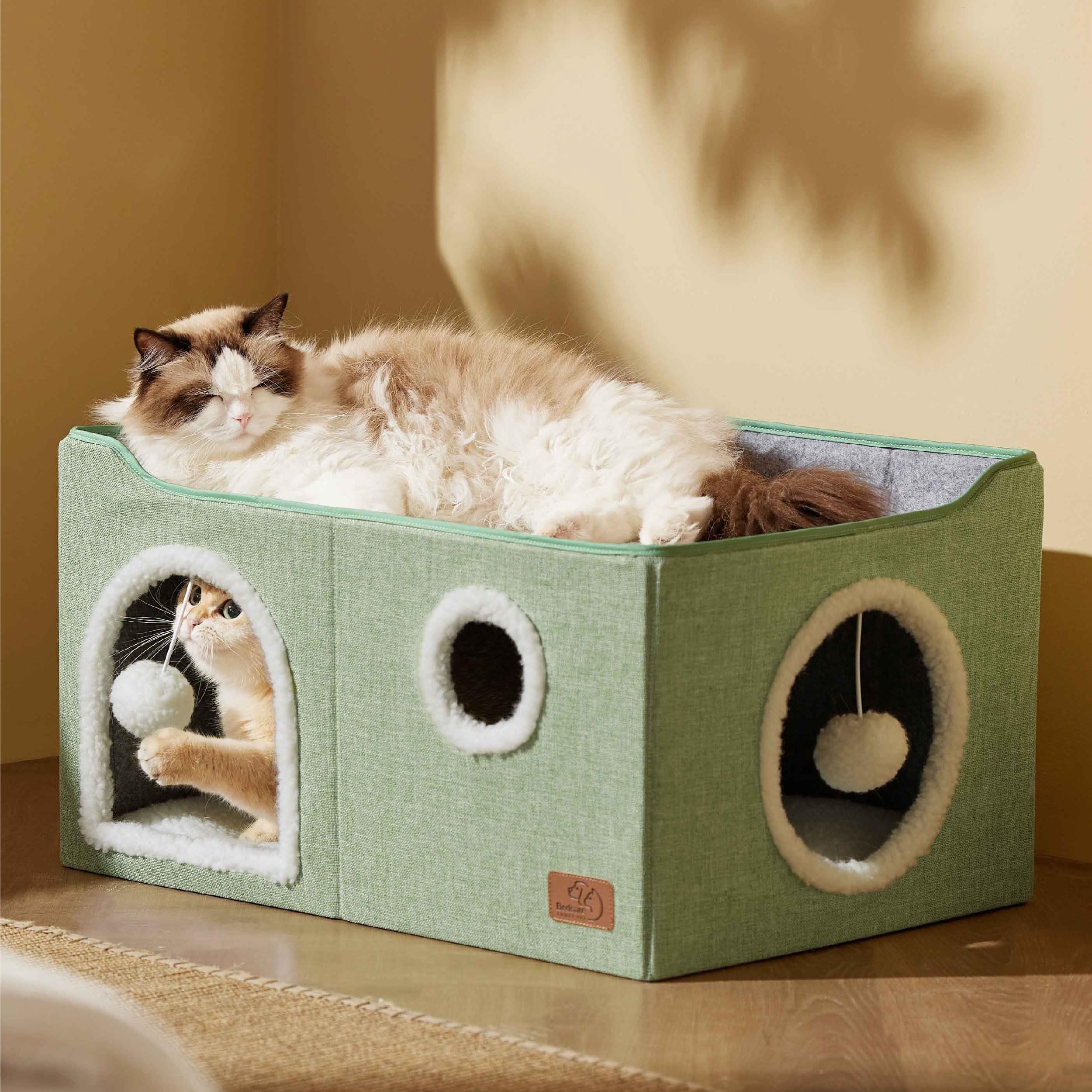 Bedsure Extra-Wide Cat House - Foldable Cat Cave with Scratch Pad, 23.6x16.9x13 inches, Green, Polyester, Model US000125N0M