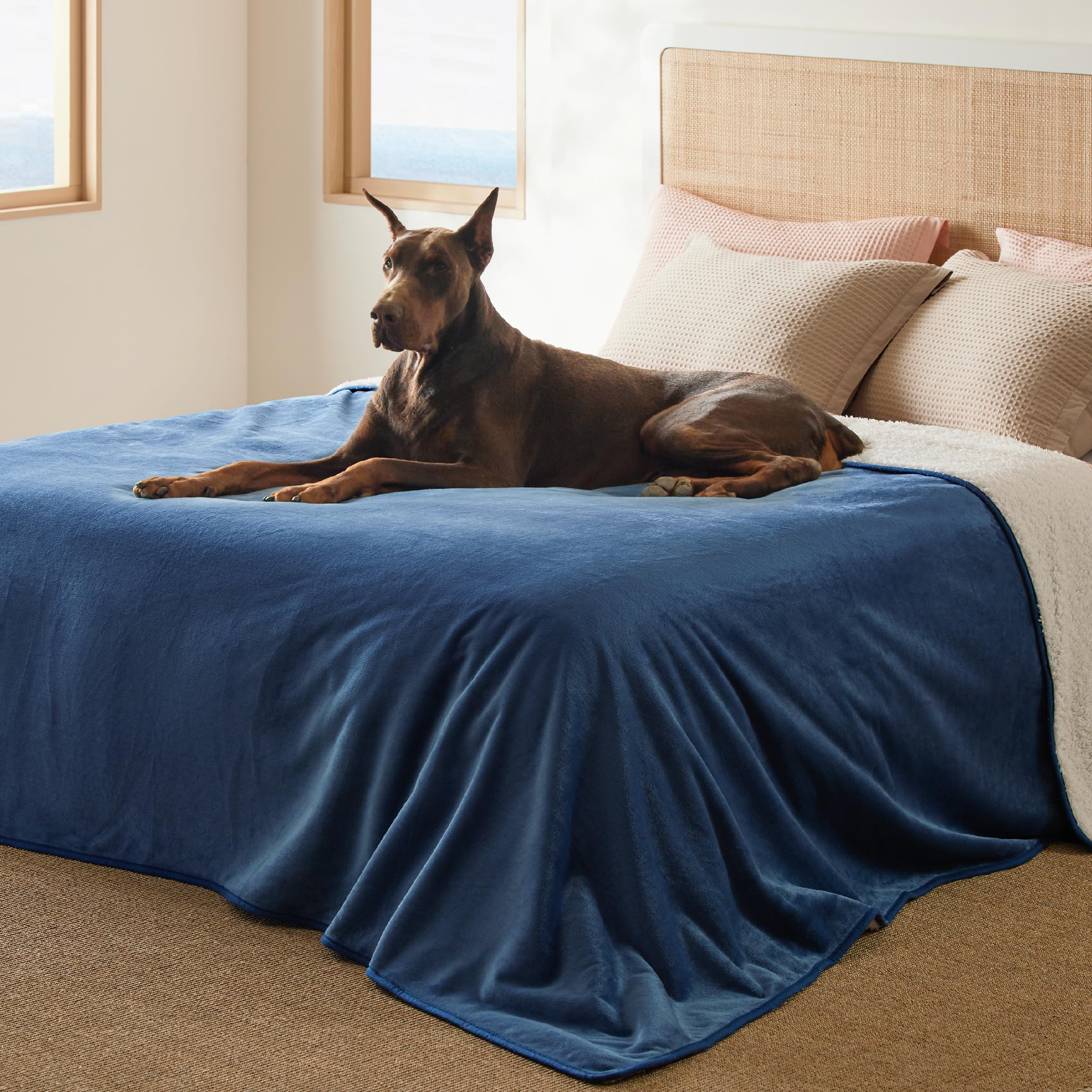 Bedsure Waterproof Blanket For Bed - Sherpa Fleece Waterproof Dog Blankets For Large Dogs, Pet Blankets For Bed/Couch/Dog Crate, Soft Plush Reversible Furniture Protector, King Size, 108'X86', Blue