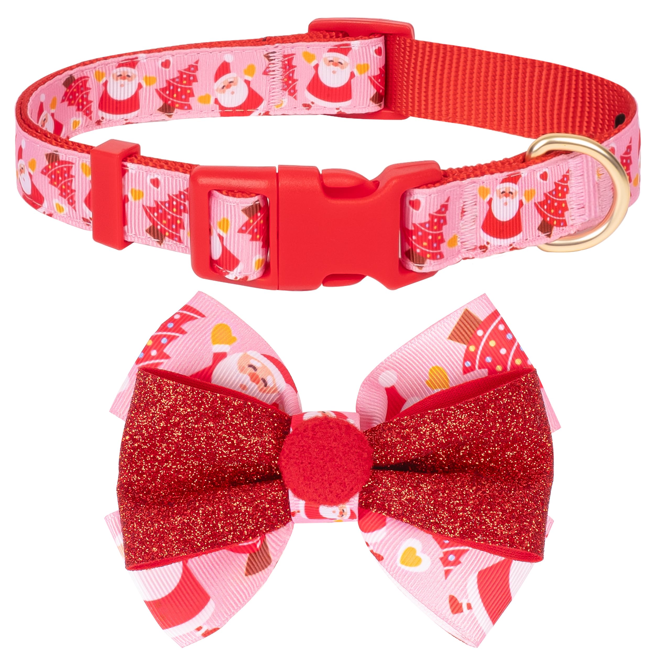 Azuza Christmas Dog Collar With Santa Print, Removable Red & Green Bowtie, Adjustable For Small Dogs
