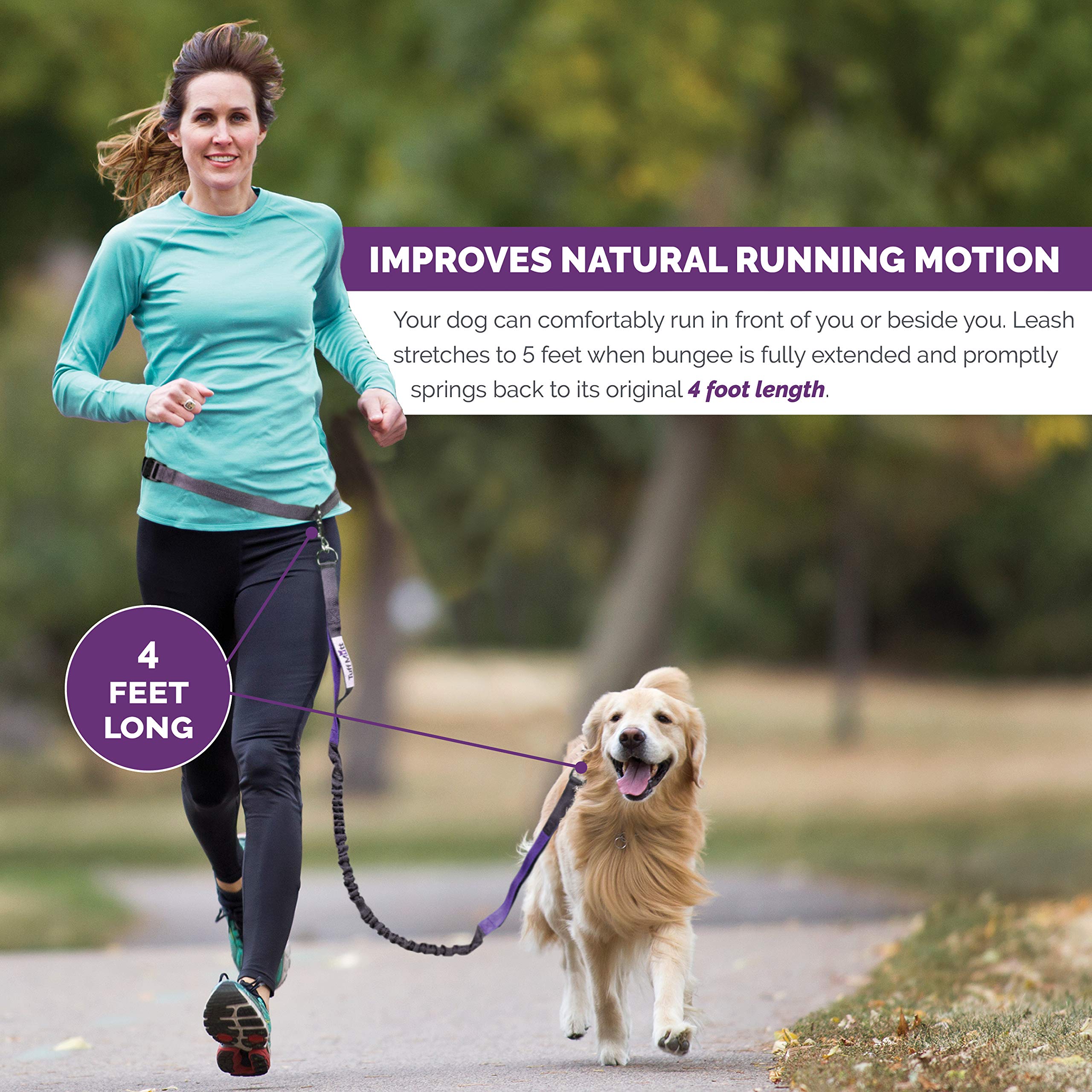 Tuff Mutt Hands-Free Waist Leash for Dog Walking, Running and Hiking, Adjustable Belt with Double Handle, Reflective Bungee Desi