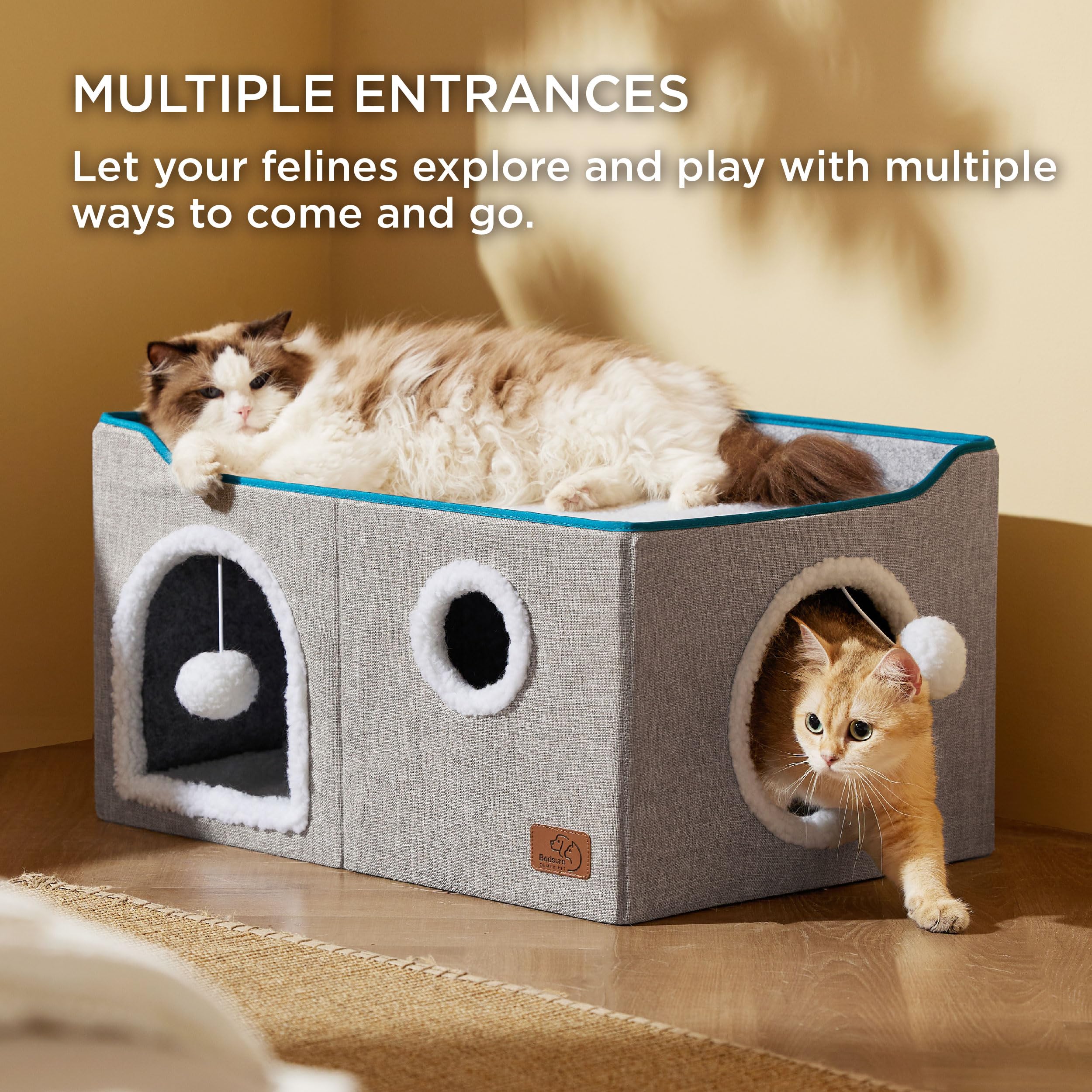 Bedsure Extra-Wide Cat House For Indoor Cats - Large Cat Cave For Pet Cat House With Fluffy Ball Hanging And Scratch Pad, Foldable Cat Hideaway For Multi Cats, 23.6X16.9X13 Inches, Grey