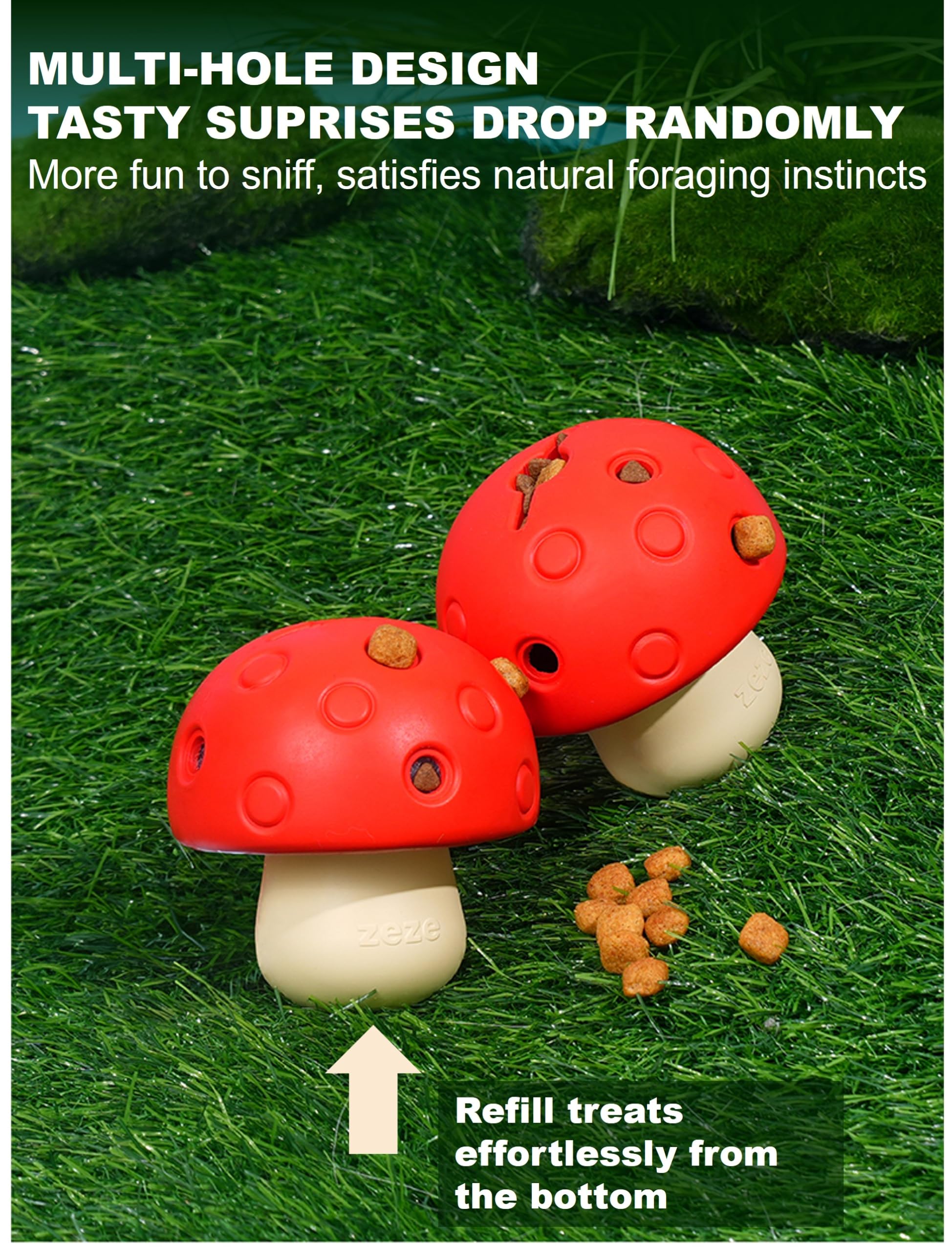 ZEZE Rubber Treat Dispensing Toy for Aggressive Chewers, Mushroom Style Interactive Slow Feeder Tough Puzzle Toys Teeth Cleaning