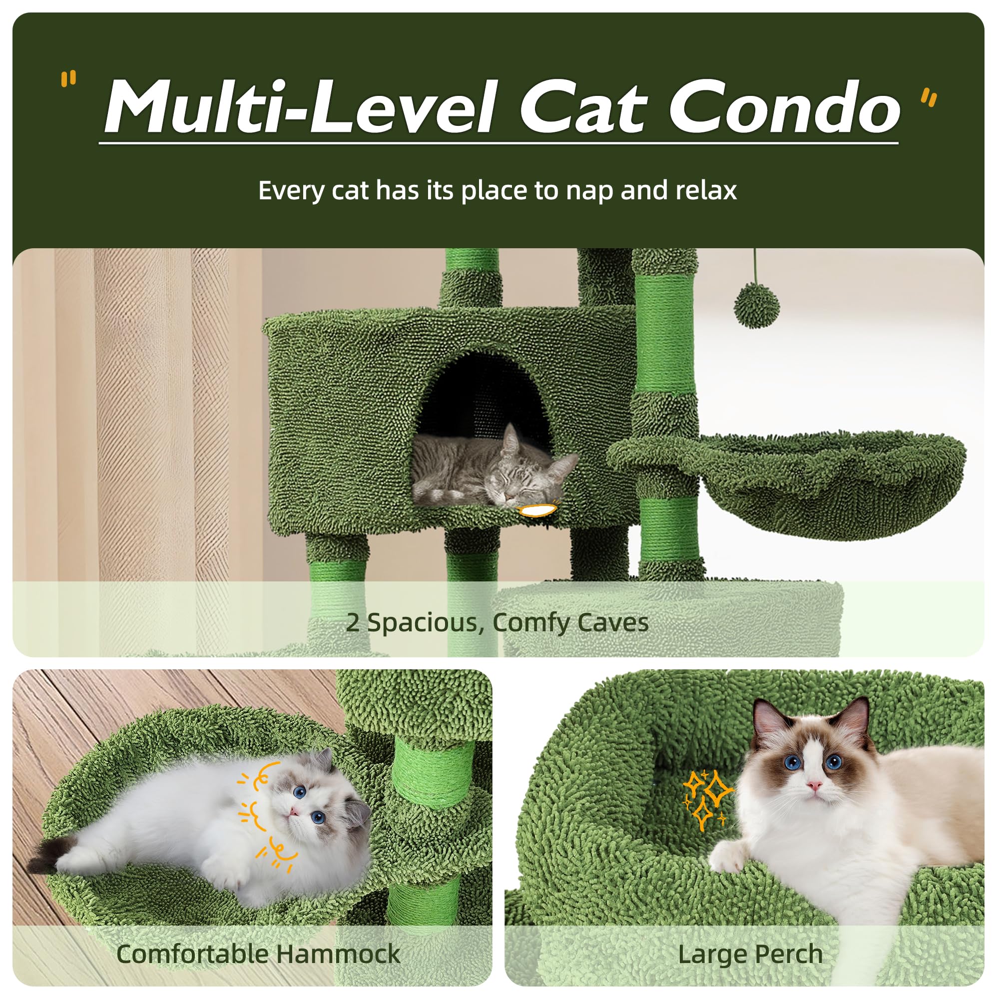 Mile High Life | Multi-Level Cat Tree Condo 58 For Large Cats | Hammock And Sisal Covered Scratching Post Tree For Kittens | T