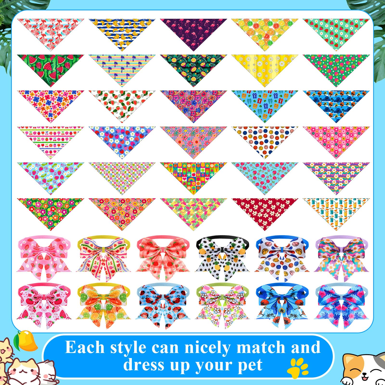 Sanwuta 108 Pcs Dog Bandanas Bulk for Summer Soft Breathable Dog Multi Color Fruits Bow Ties Adjustable Pet Collar Bowtie Triang