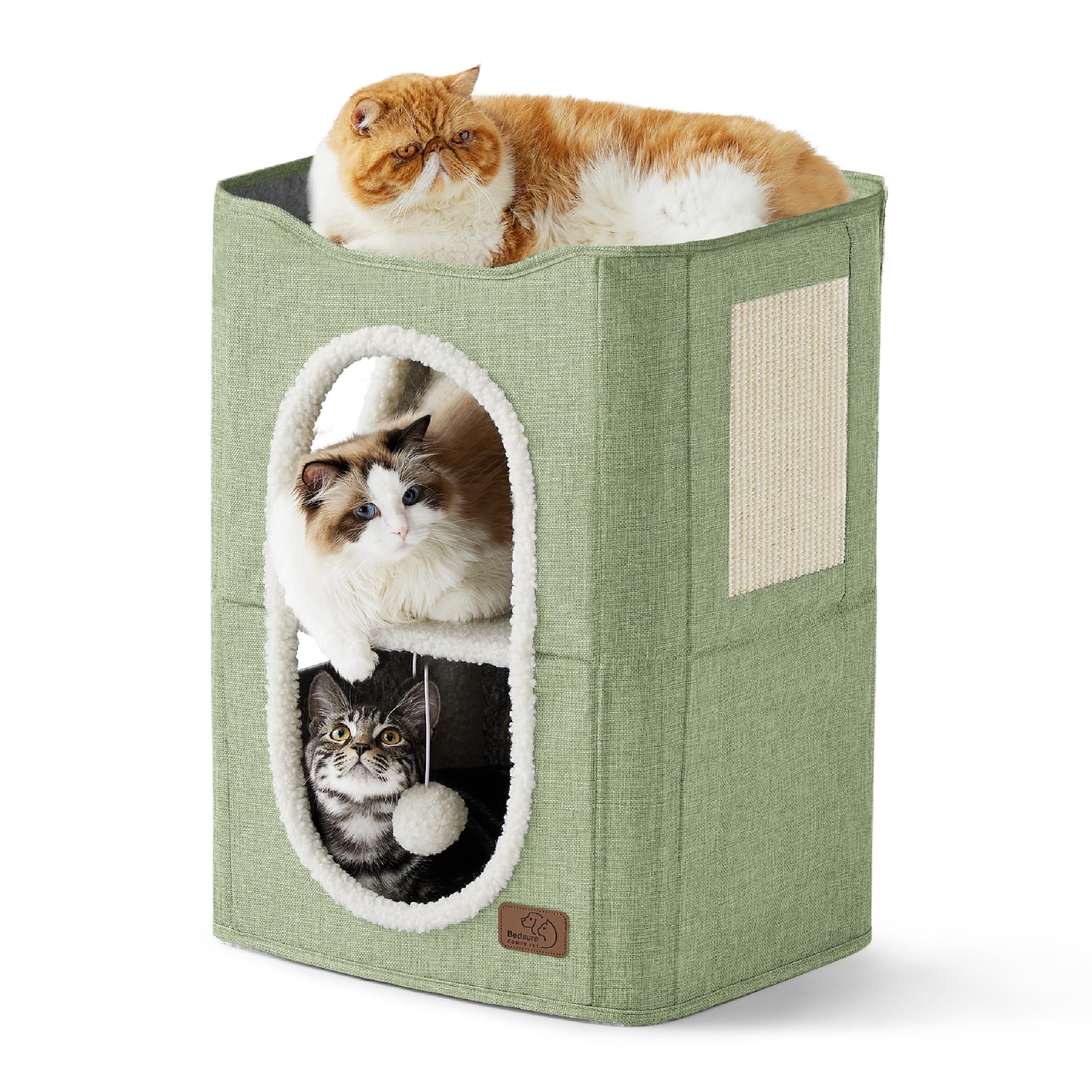 Bedsure 2-Level Cat House For Indoor Cats - Small Cat Towers With Scratch Pad And Hideaway Condo, Cat Cave Bed Furniture For Multi Pets And Large Cats, 18X14X23 Inches, Green