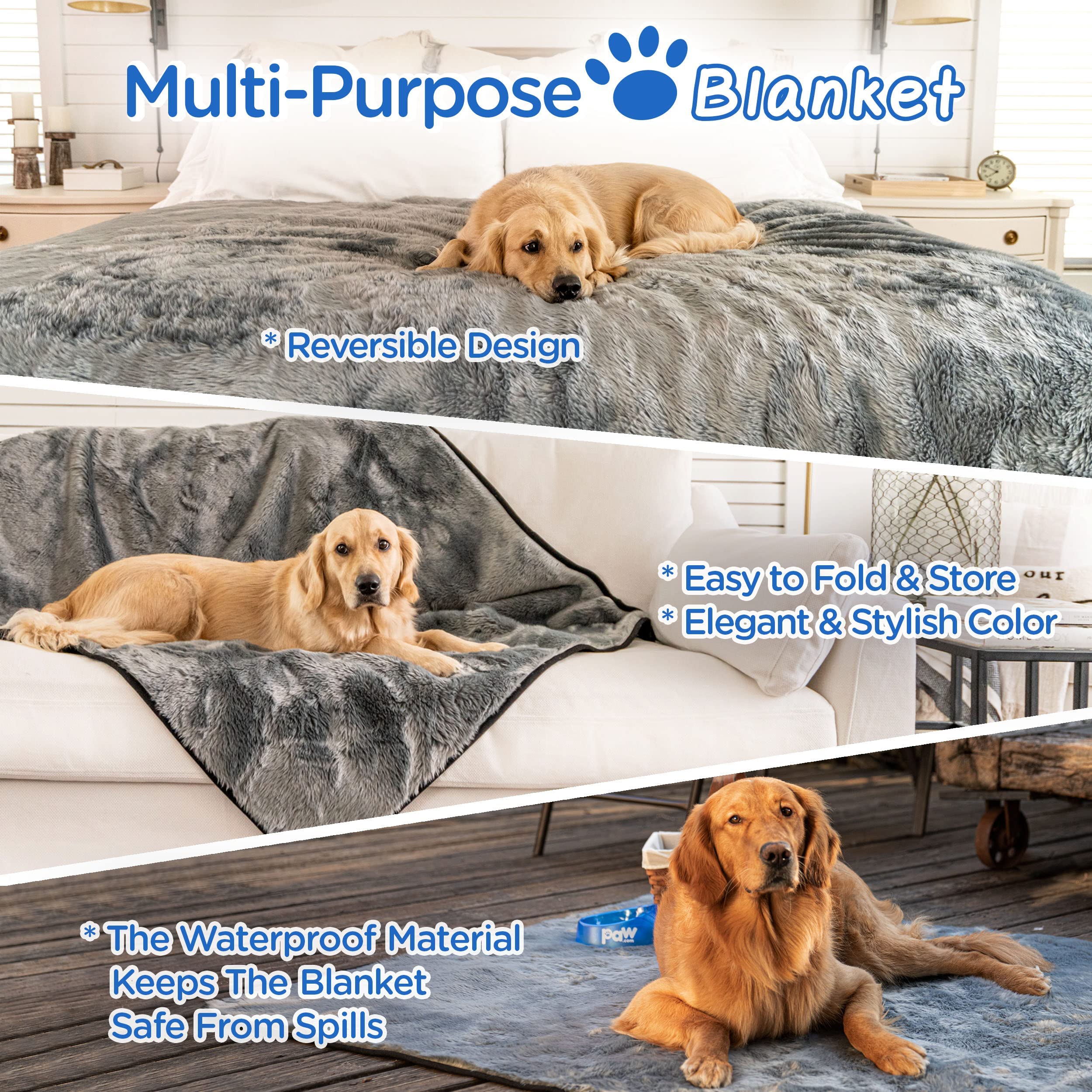 PAW BRANDS Waterproof Dog Blanket - Charcoal Grey Faux Fur 60 x 50 Machine Washable Pet Throw for Large Dogs & Couch Protection