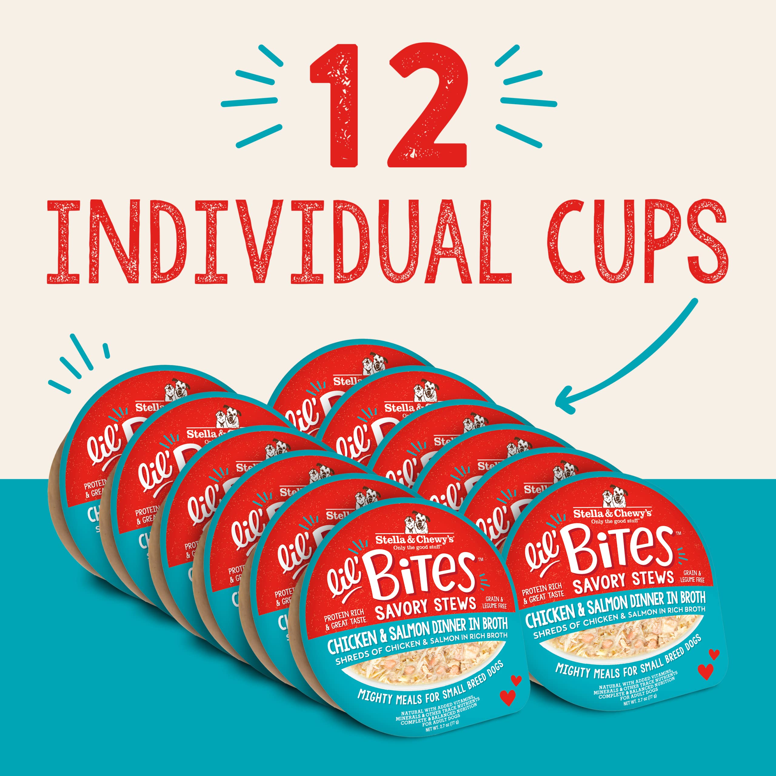 Stella & Chewys Lil Bites Savory Stews for Small Breeds Chicken & Salmon Dinner in Broth, 2.7 oz. Cups (Pack of 12)