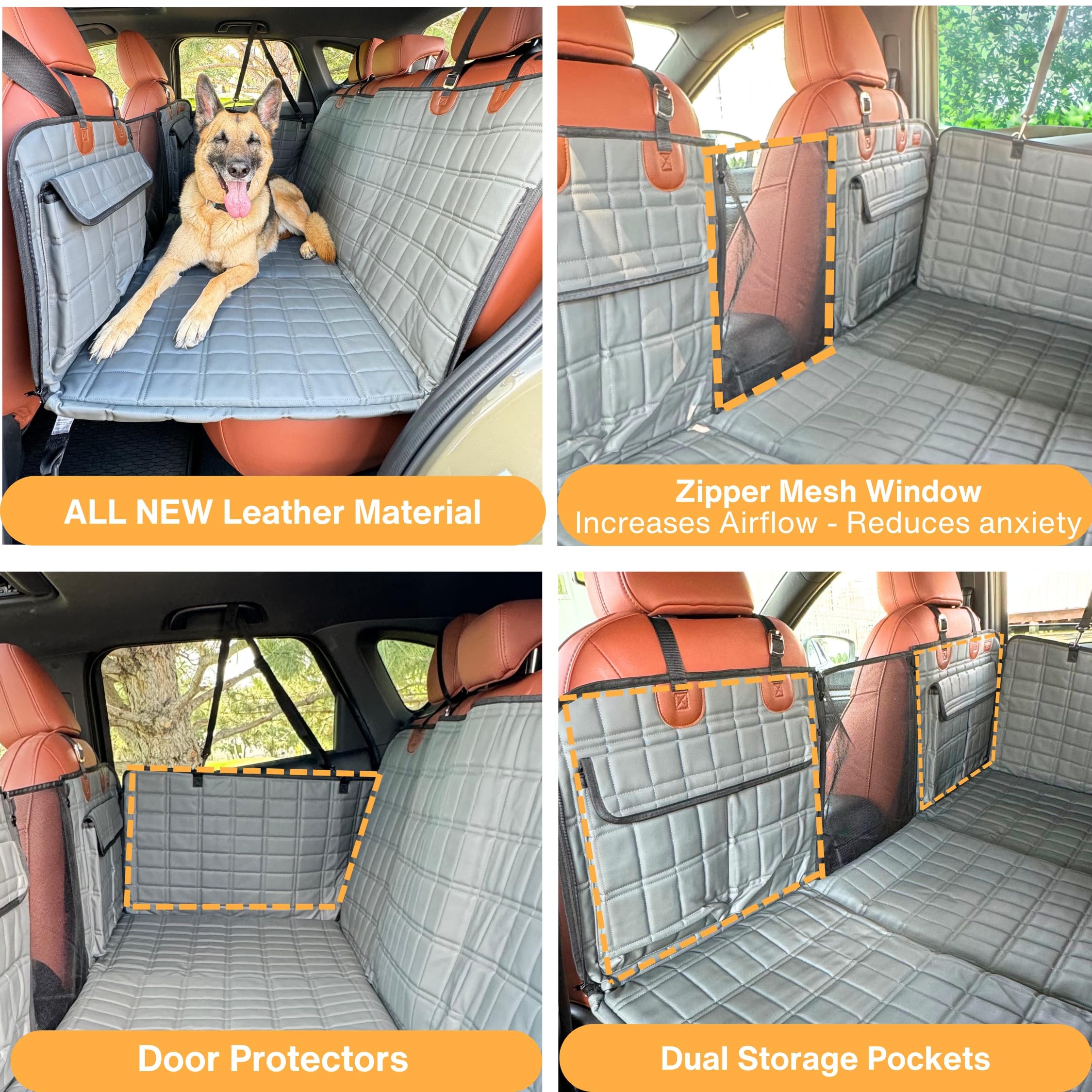 APetsPlanet Dog Car Seat Cover - Waterproof Hammock Bed, 53"x23", Gray Leather, Model APetsPlanet-2.0, with Mesh Window & Door Covers