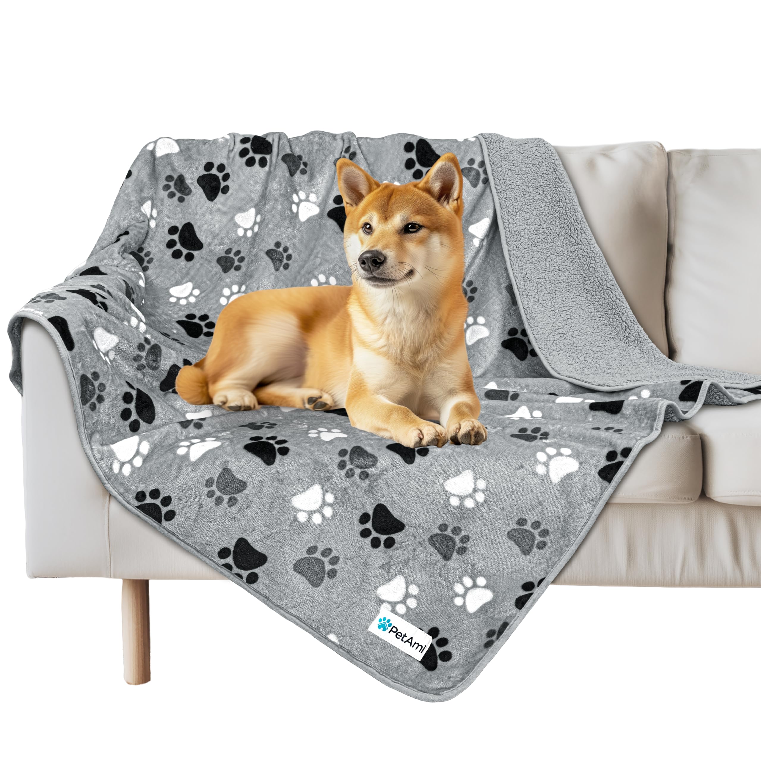 Petami Waterproof Dog Blanket For Extra Large Dogs, Pee Proof Pet Blanket For Bed Couch, Reversible Water Proof Blanket For Puppy Indoor Cat, Soft Dog Crate Cover Washable, Queen 90X90 Paw Gray