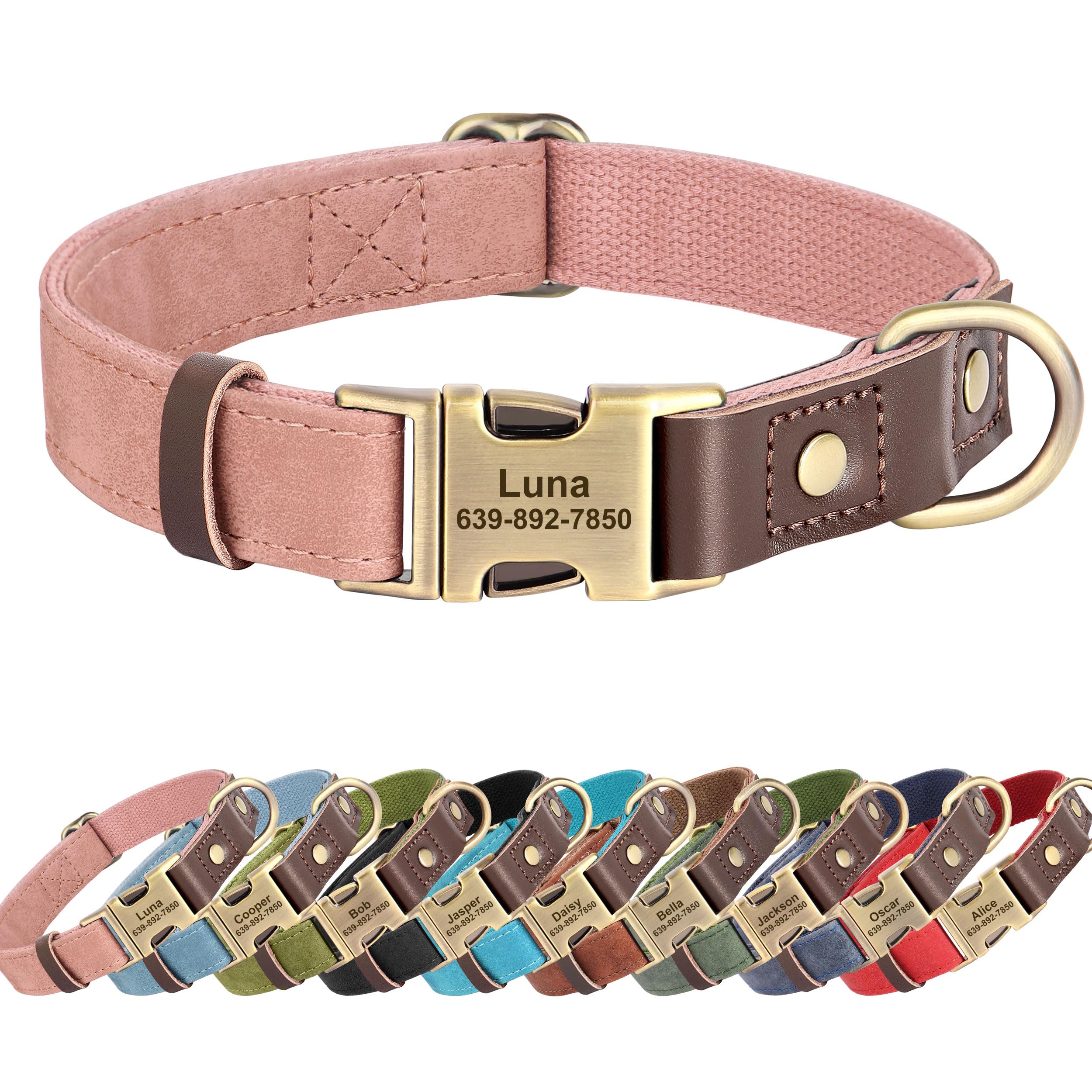 KINYABLUE Personalized Dog Collars, Custom Soft PU Leather Dog Collar with Pet Name and Phone Number for Medium Dogs, Adjustable