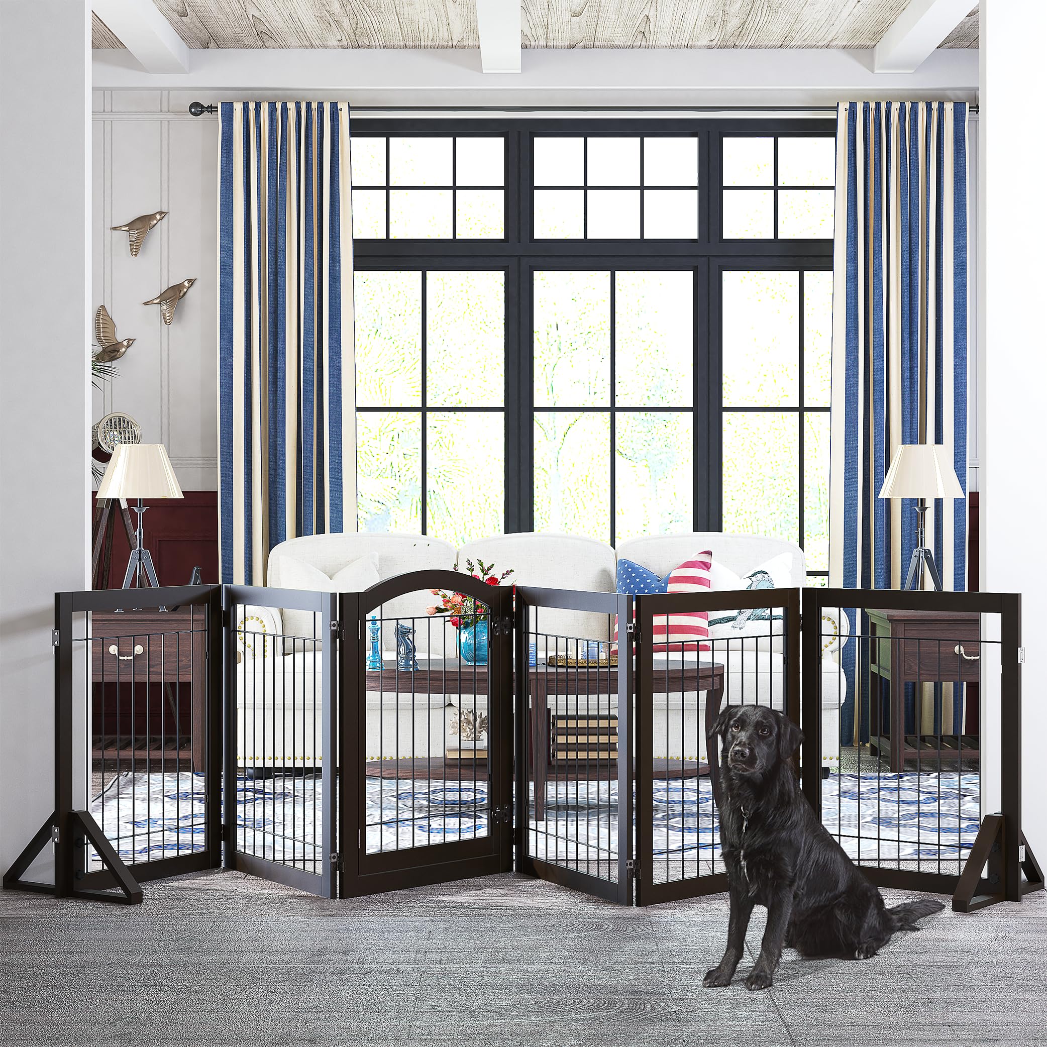 Pawland 144-Inch Extra Wide 30-Inches Tall Dog Gate With Door Walk Through, Freestanding Wire Pet Gate For The House, Doorway, Stairs, Pet Puppy Safety Fence, Support Feet Included, Espresso,6 Panels