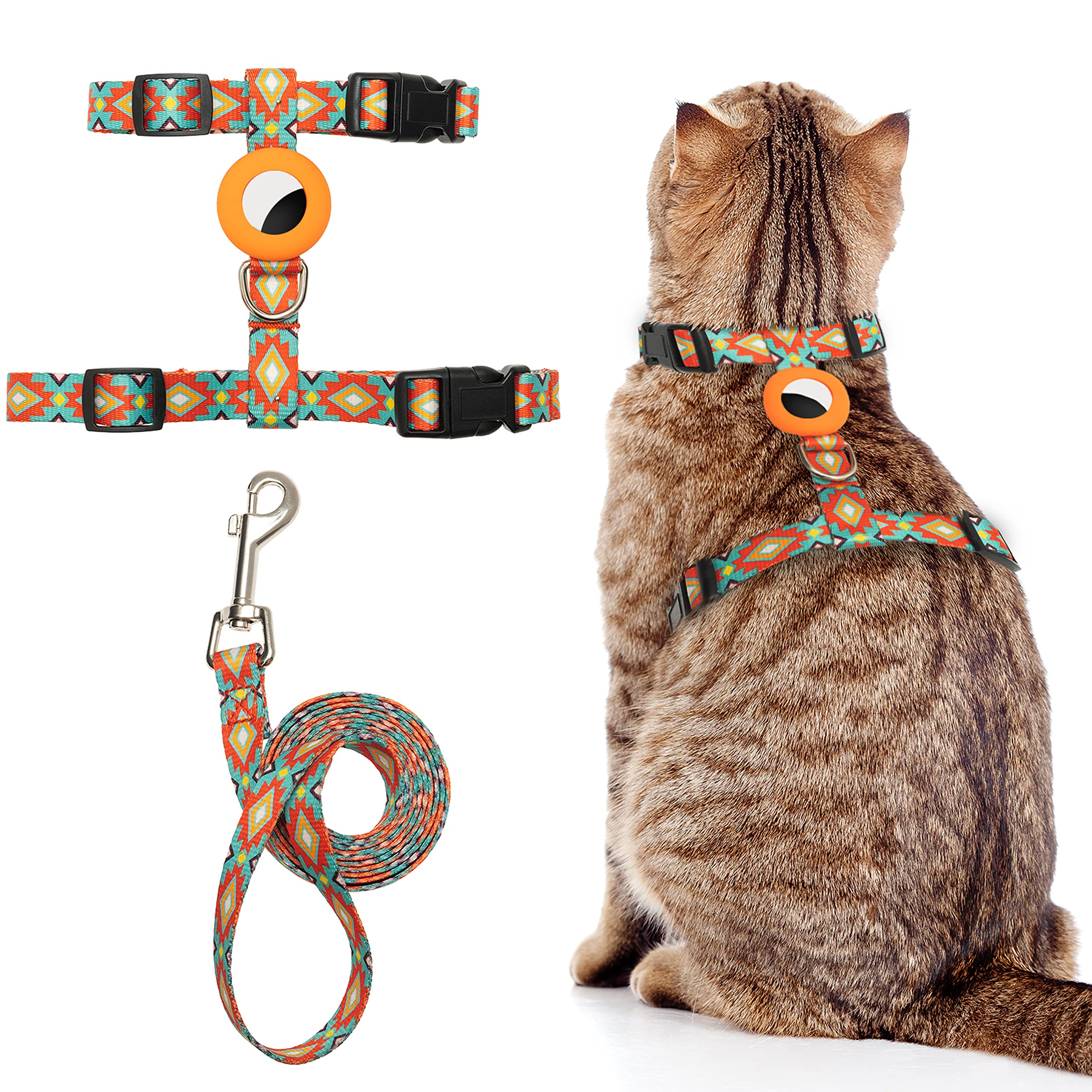 Cat Harness and Leash Escape Proof for Walking Travel Outdoor - Soft Nylon Adjustable Cute Cat Harness Leash Set with Airtag Holder for Small Large Cats -Like New