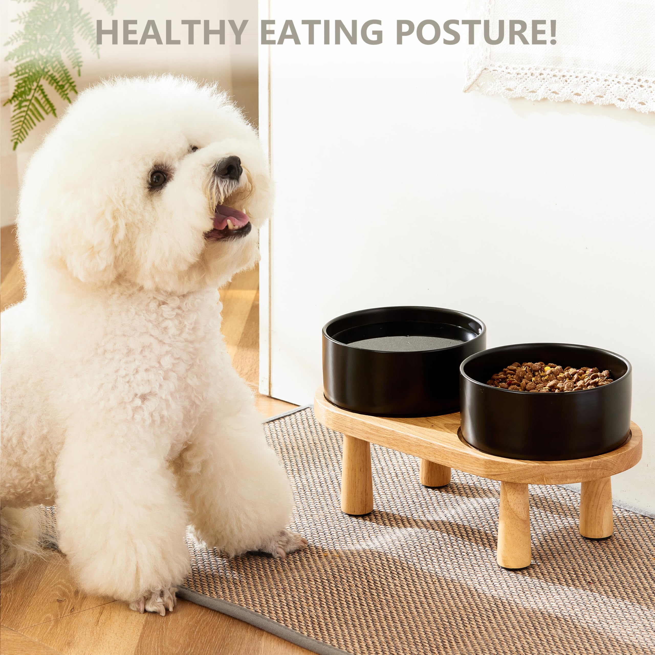 MOPANG Ceramic Elevated Dog Bowls Set, 3.5 Cups with Wood Stand, Black, for Medium & Small Dogs
