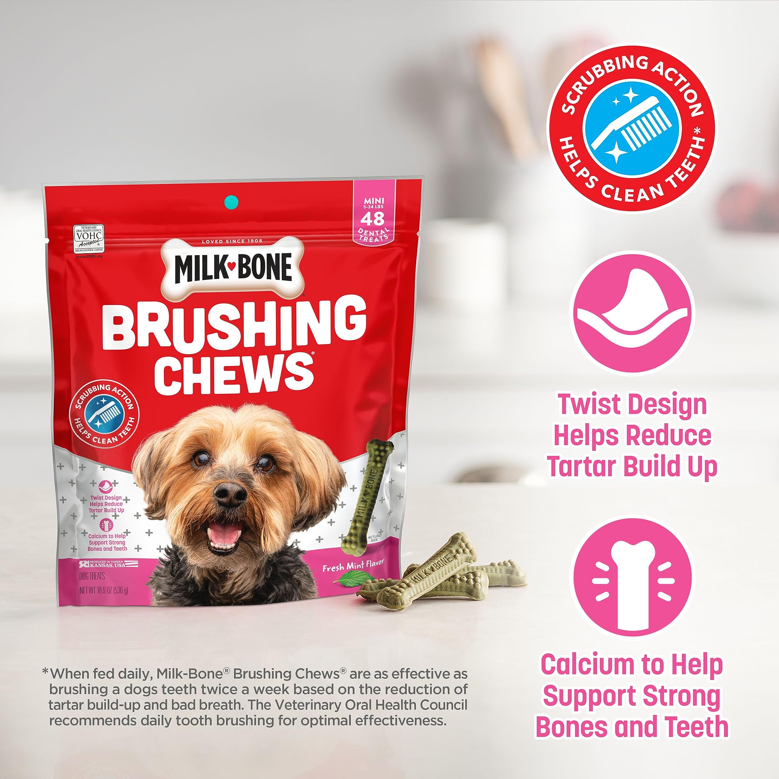 Milk-Bone Fresh Breath Brushing Chews, 48 Mini Daily Dental Dog Treats Scrubbing Action Helps Clean Teeth