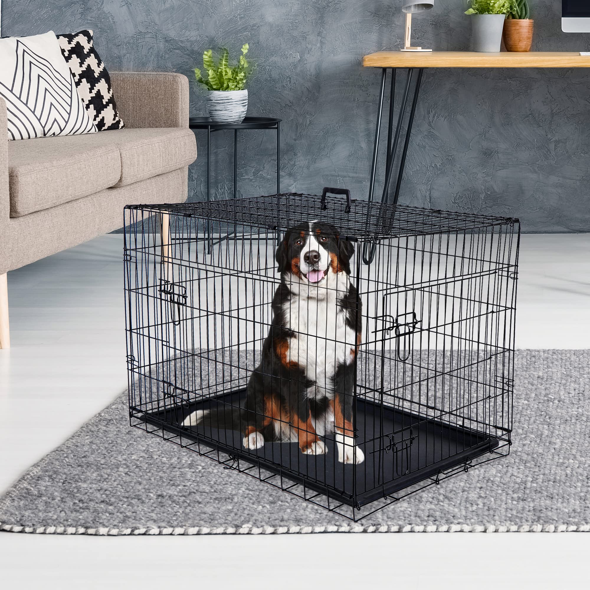 Zeny 30/36/42 Inch Dog Crate Double Door Folding Metal Dog Or Pet Crate Kennel With Tray And Handle