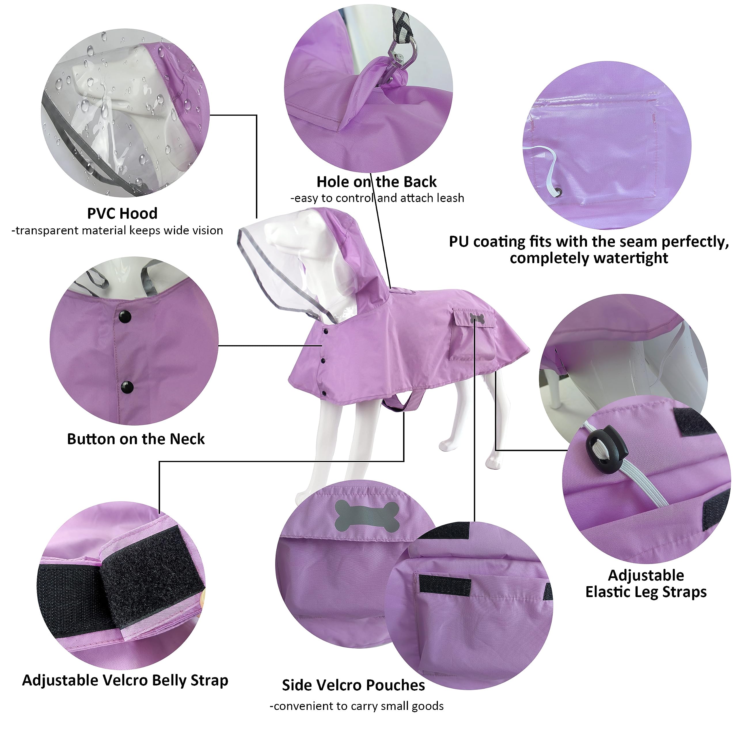 Waterproof Dog Raincoat, Adjustable Reflective Lightweight Pet Rain Clothes With Poncho Hood(Small, Light Purple)
