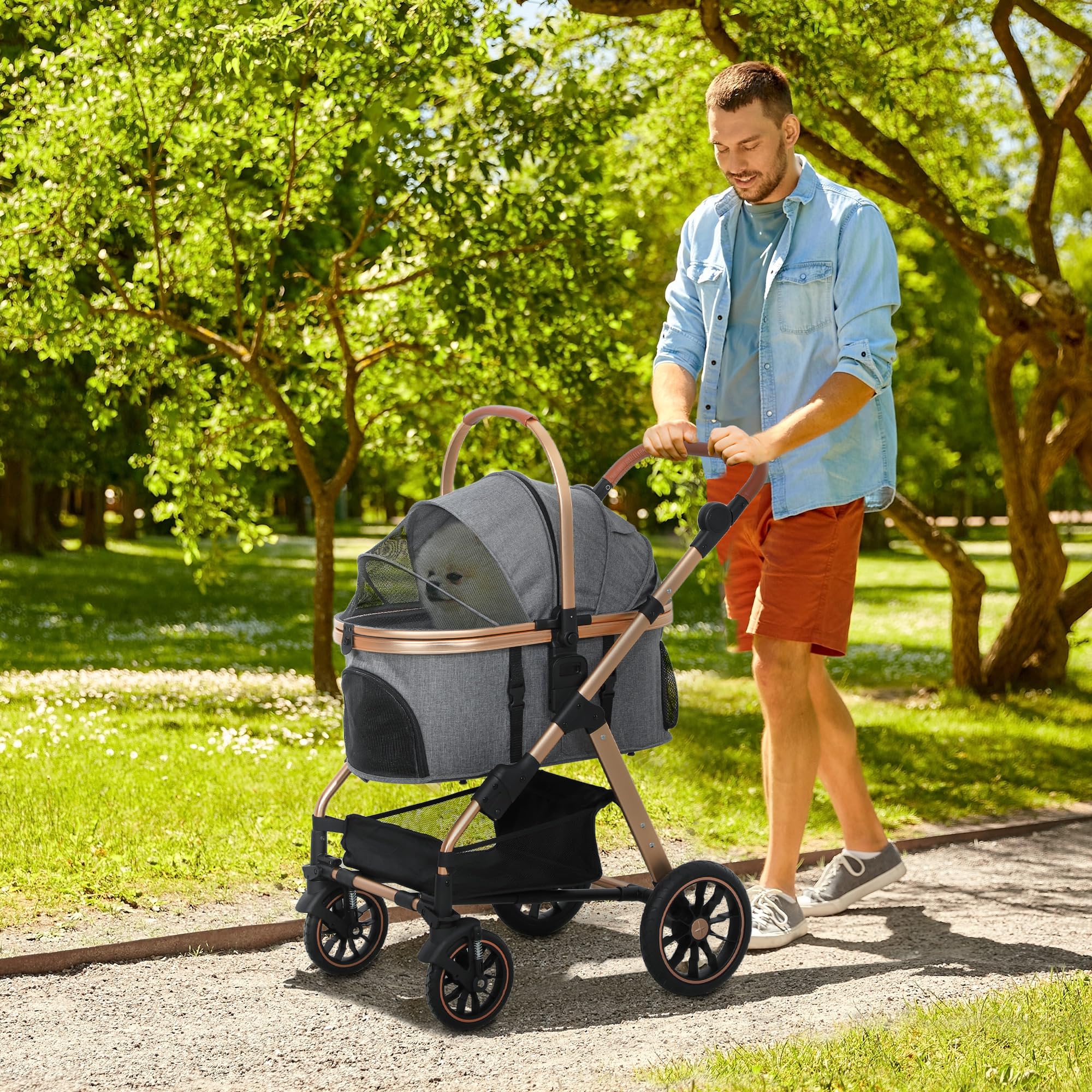 Pawhut 3 In 1 Dog Stroller With Detachable Cabin, 4 Wheel Folding Lightweight Pet Stroller With Adjustable Canopy, Rubber Wheels