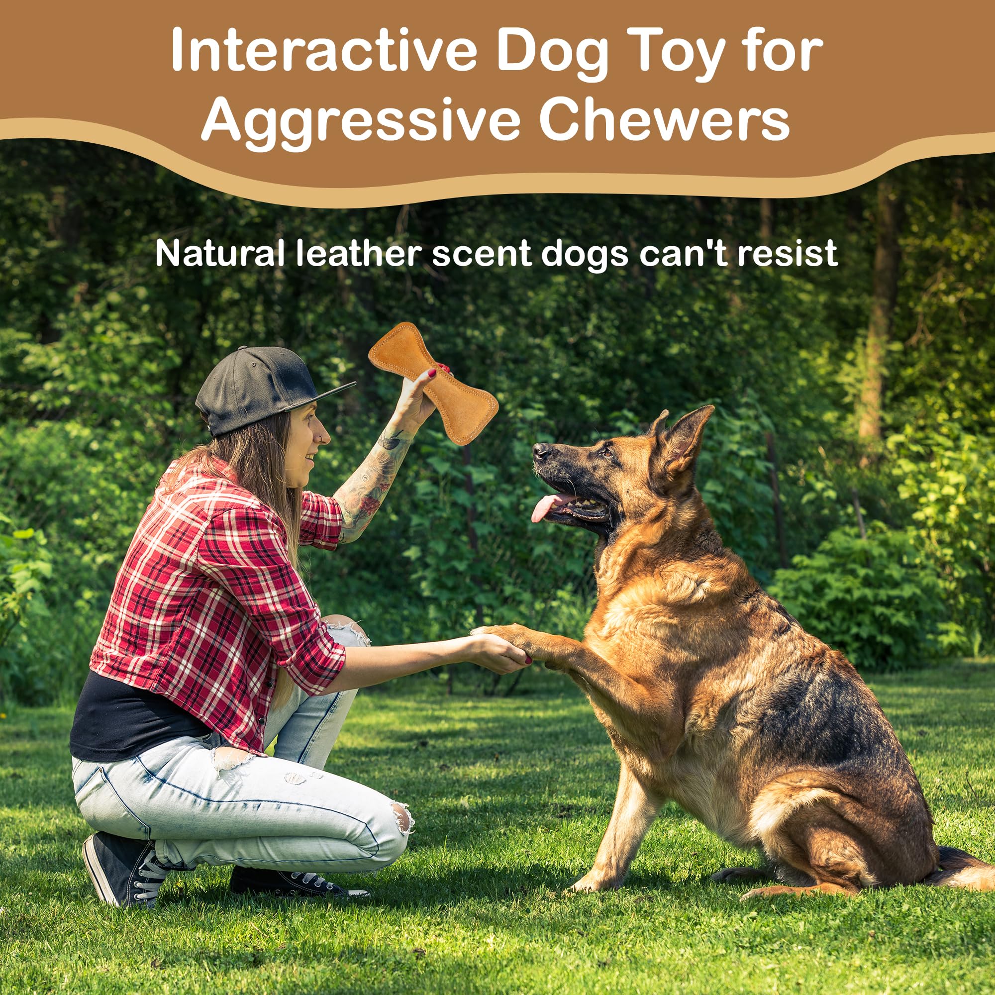 Spot Dura-Fused Leather Bone- Durable Dog Toy With Squeaker, Real Leather & Jute Fabric, Interactive Toy For Moderate & Aggressive Chewers, Medium & Large Dogs And Puppies, 9 Inch