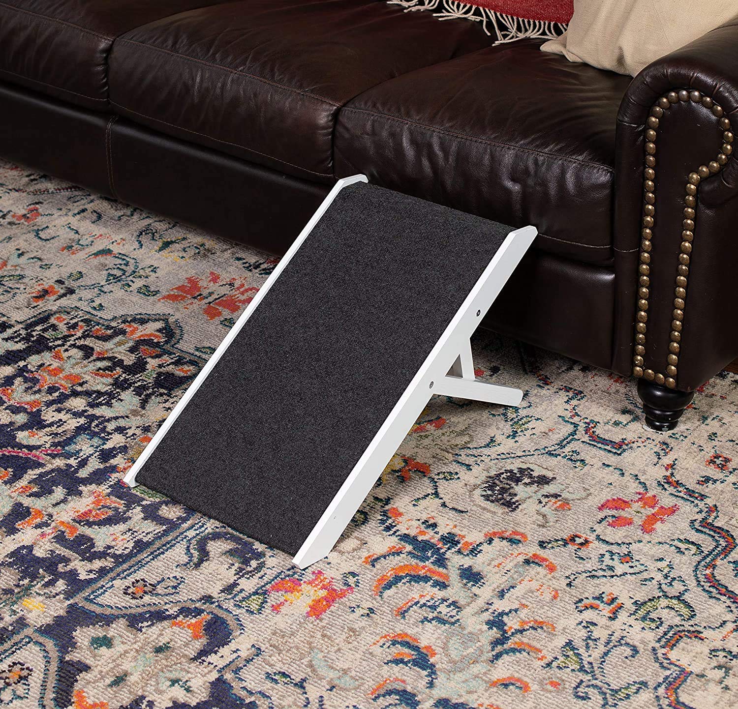 BIRDROCK HOME Adjustable Dog Ramp for Low Beds - White Wooden Folding Ramp for Small Dogs - 13" Paw Friendly Grip