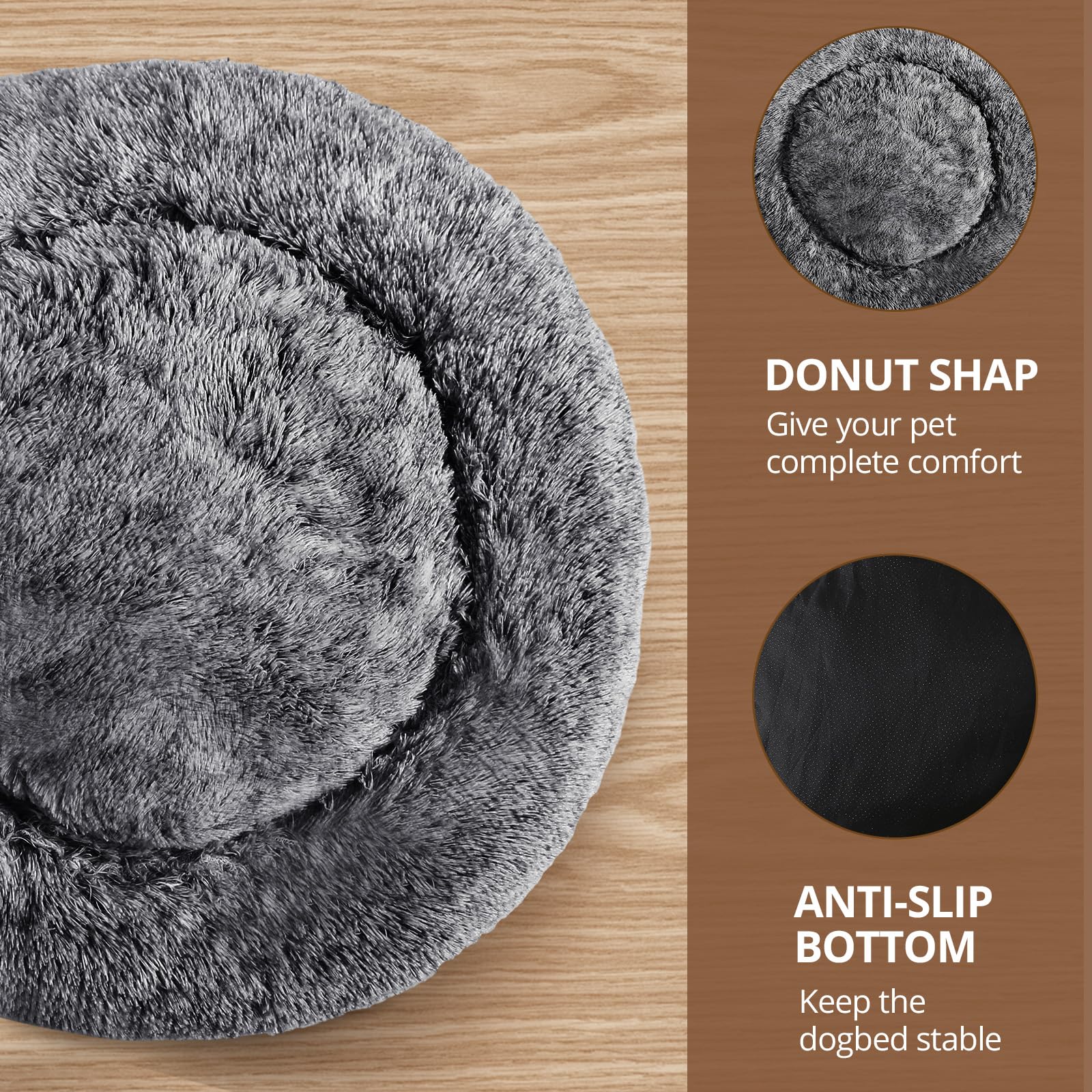 Jollyvogue Calming Dog & Cat Bed For Small Dogs, Anti-Anxiety Donut Cuddler Cozy Soft Round Bed With Anti-Slip Bottom, Fluffy Fa