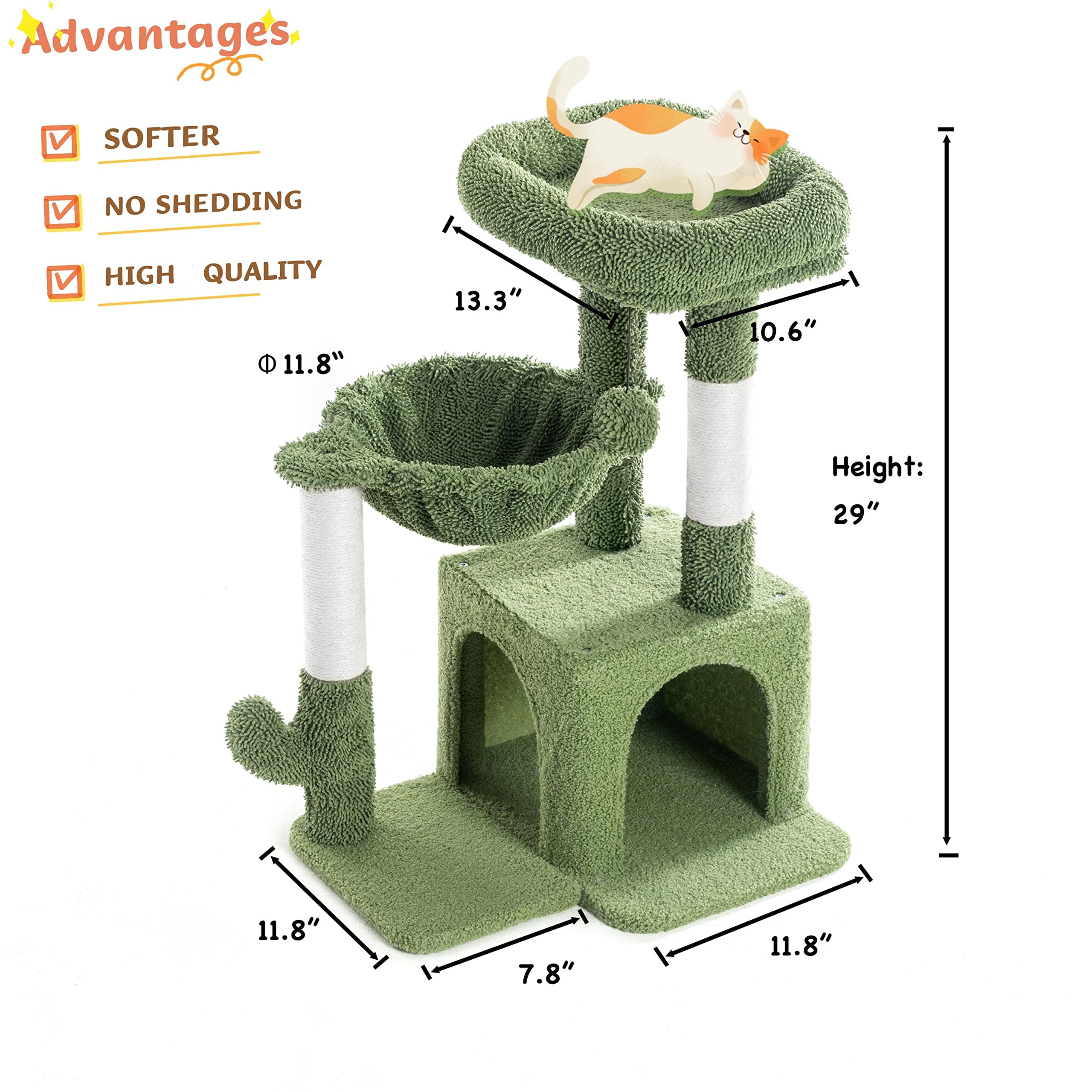 Pesofer Cactus Cat Tree, Small Cat Tower With Sisal Scratching Post And Hammock Green