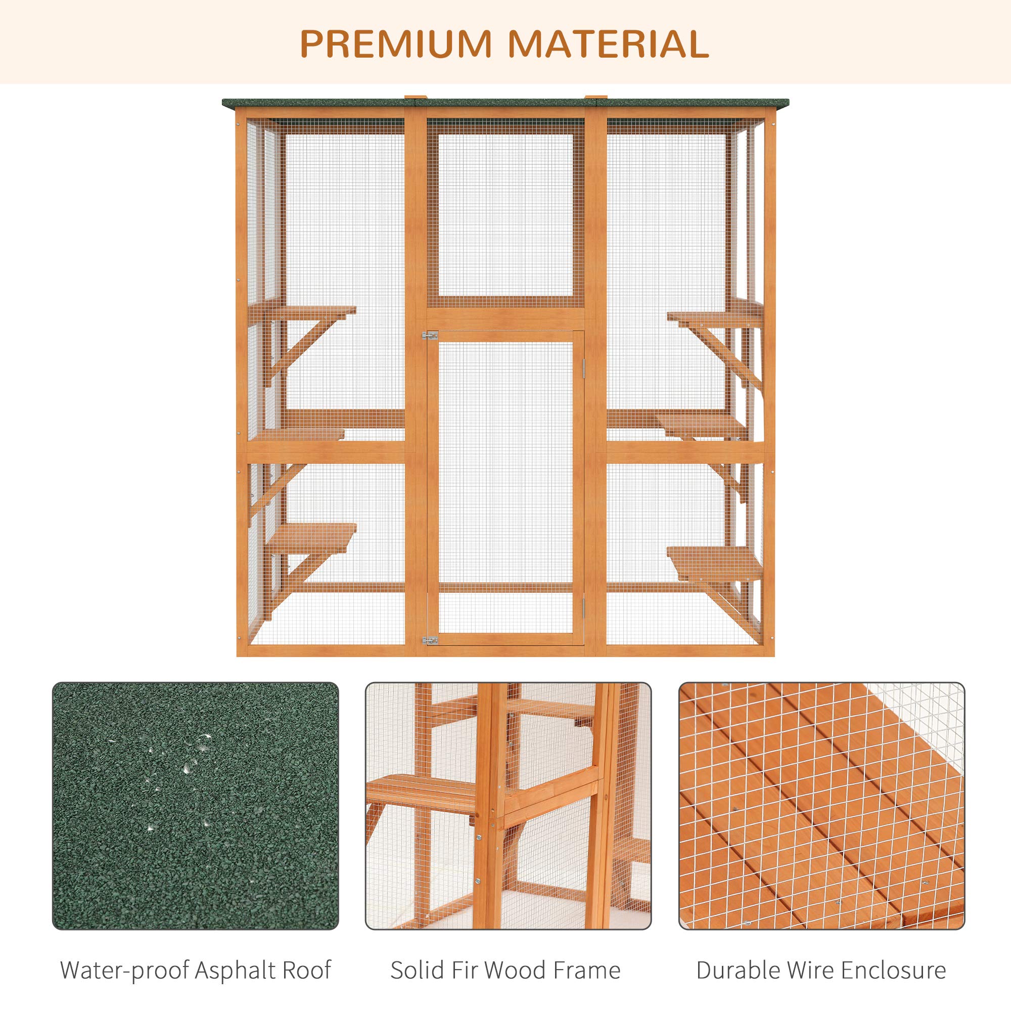 Pawhut Outdoor Cat House Big Catio Wooden Feral Cat Shelter Enclosure With Large Spacious Interior, 6 High Ledges, Weather Protection Asphalt Roof, 71' L, Orange