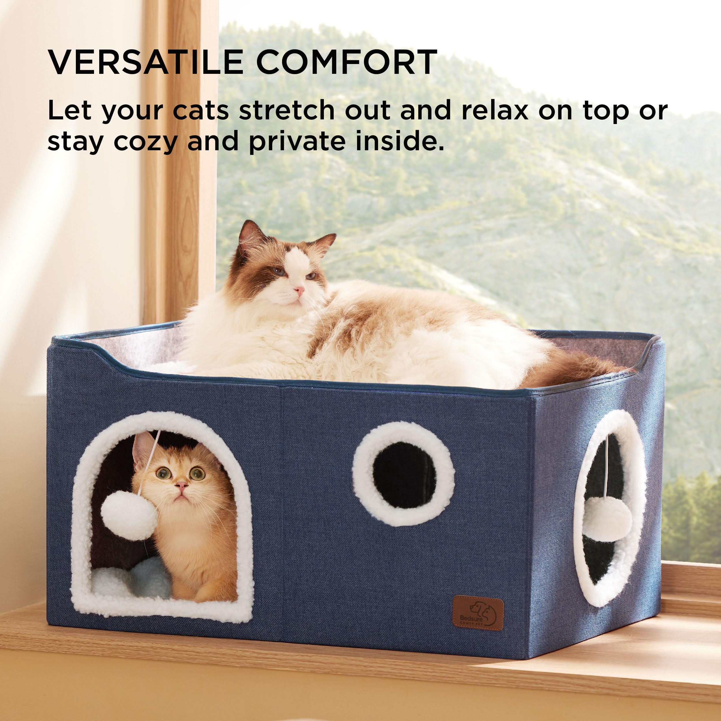 Bedsure Extra-Wide Cat House For Indoor Cats - Large Cat Cave For Pet Cat House With Fluffy Ball Hanging And Scratch Pad, Foldable Cat Hideaway For Multi Cats, 23.6X16.9X13 Inches, Blue