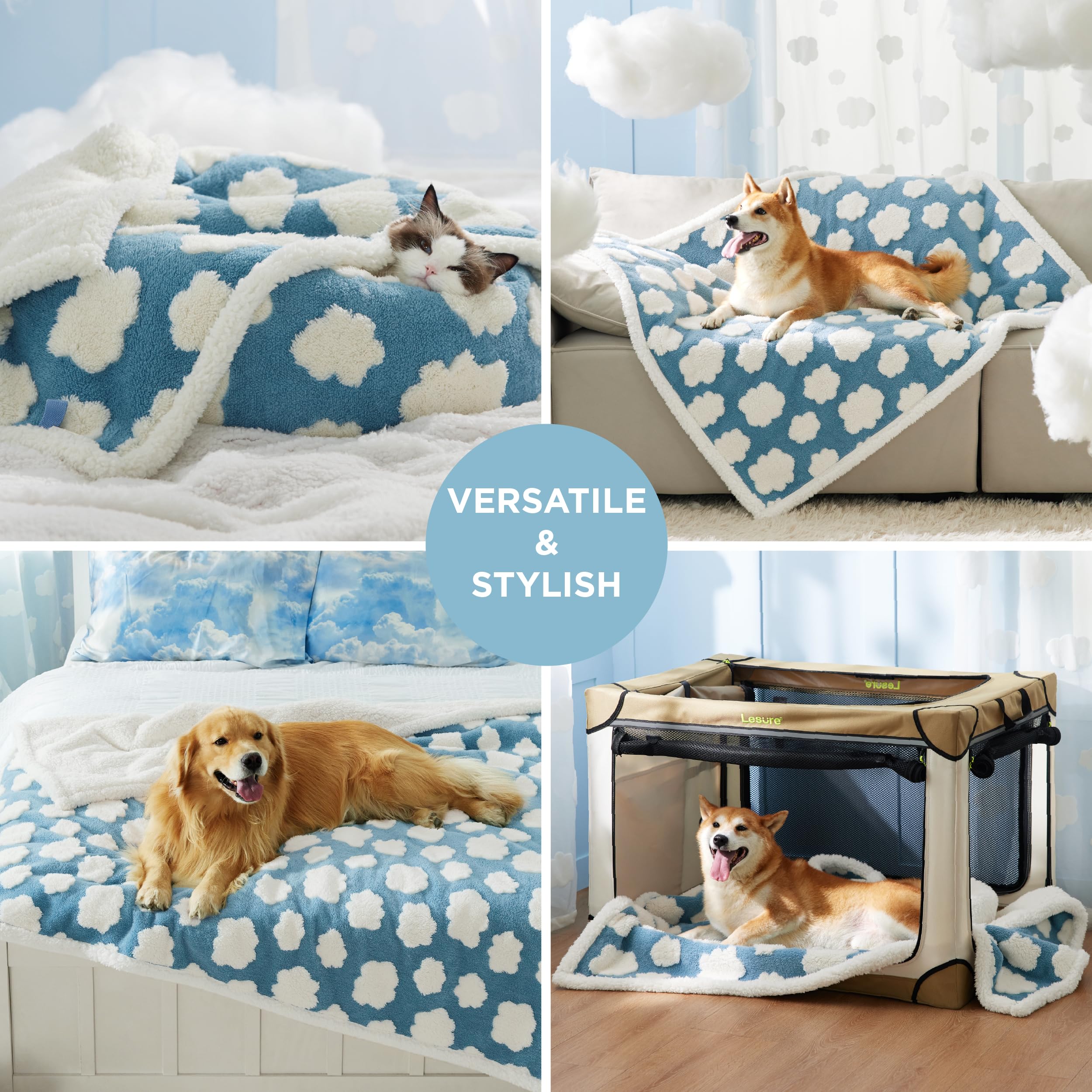 Lesure Waterproof Dog Blanket For Large Dogs - Washable Double Sided Dog Blankets With Warm Jacquard Shag And Soft Sherpa Fleece, Pet Cat Blanket For Queen Bed Protection, 3D Textured Cloud, Blue