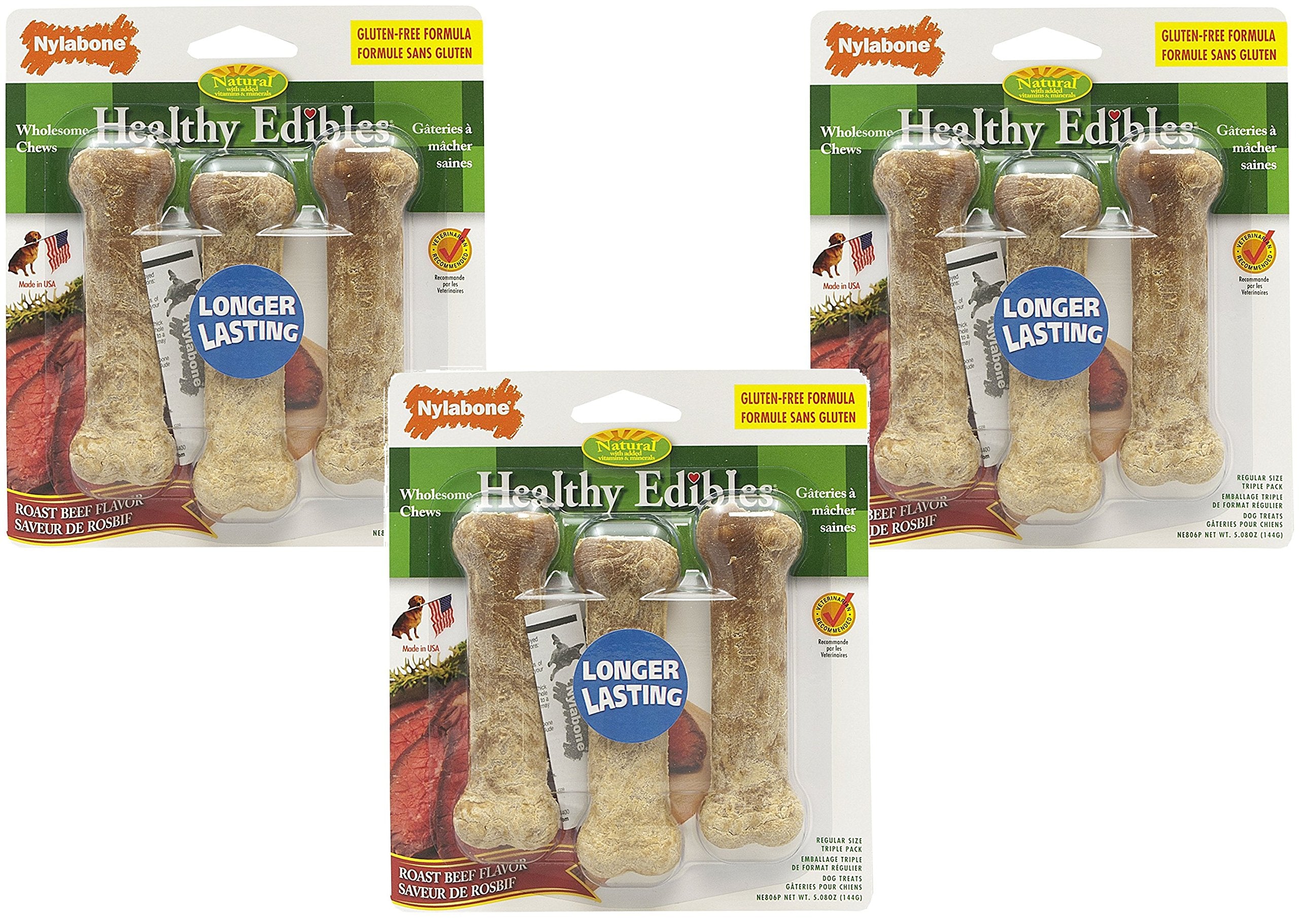 9Count Nylabone Healthy Edibles Roast Beef Flavor Dog Bone Treats  Size Regular (3 Packages with 3 Bones each)