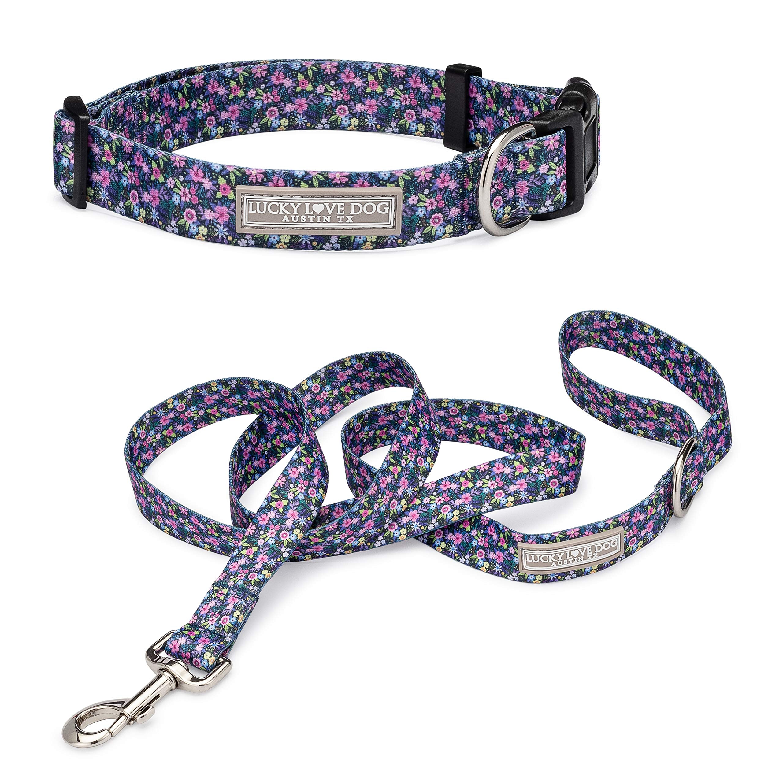 Lucky Love Dog, Matching Dog Collar & Leash Set For Female Dogs, Soft, Adjustable, Safe For Training And Walking, Black & Purple Floral Print, Primrose Combo, Xs