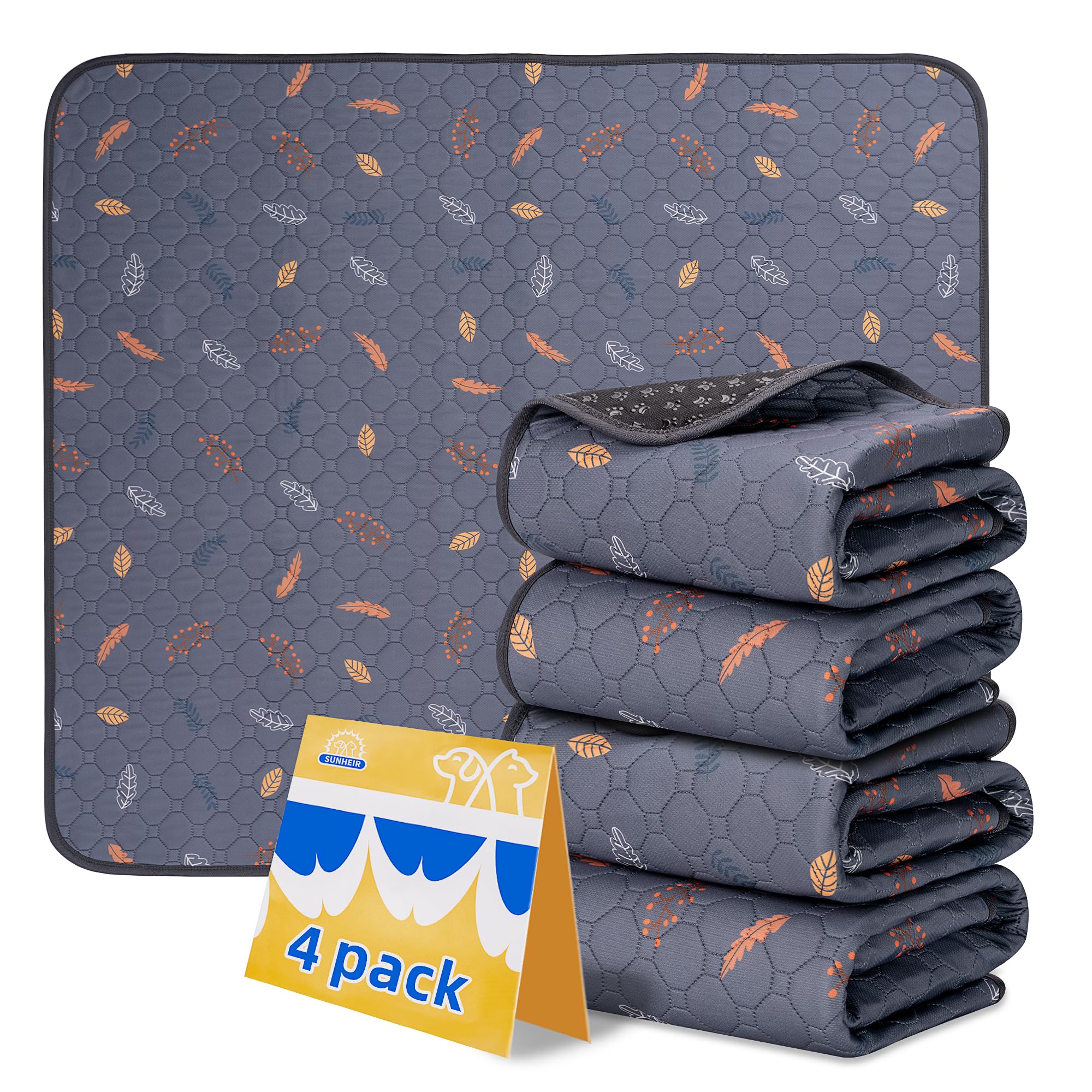 Sunheir Washable Pee Pads For Dogs 4-Pack Reusable Puppy Pads Pet Training Pads, Waterproof Dog Pee Pads For Crate, Whelping Pad, Non-Slip Protects Against Urine Leakage (Leaves - Deep Grey, 18X24)