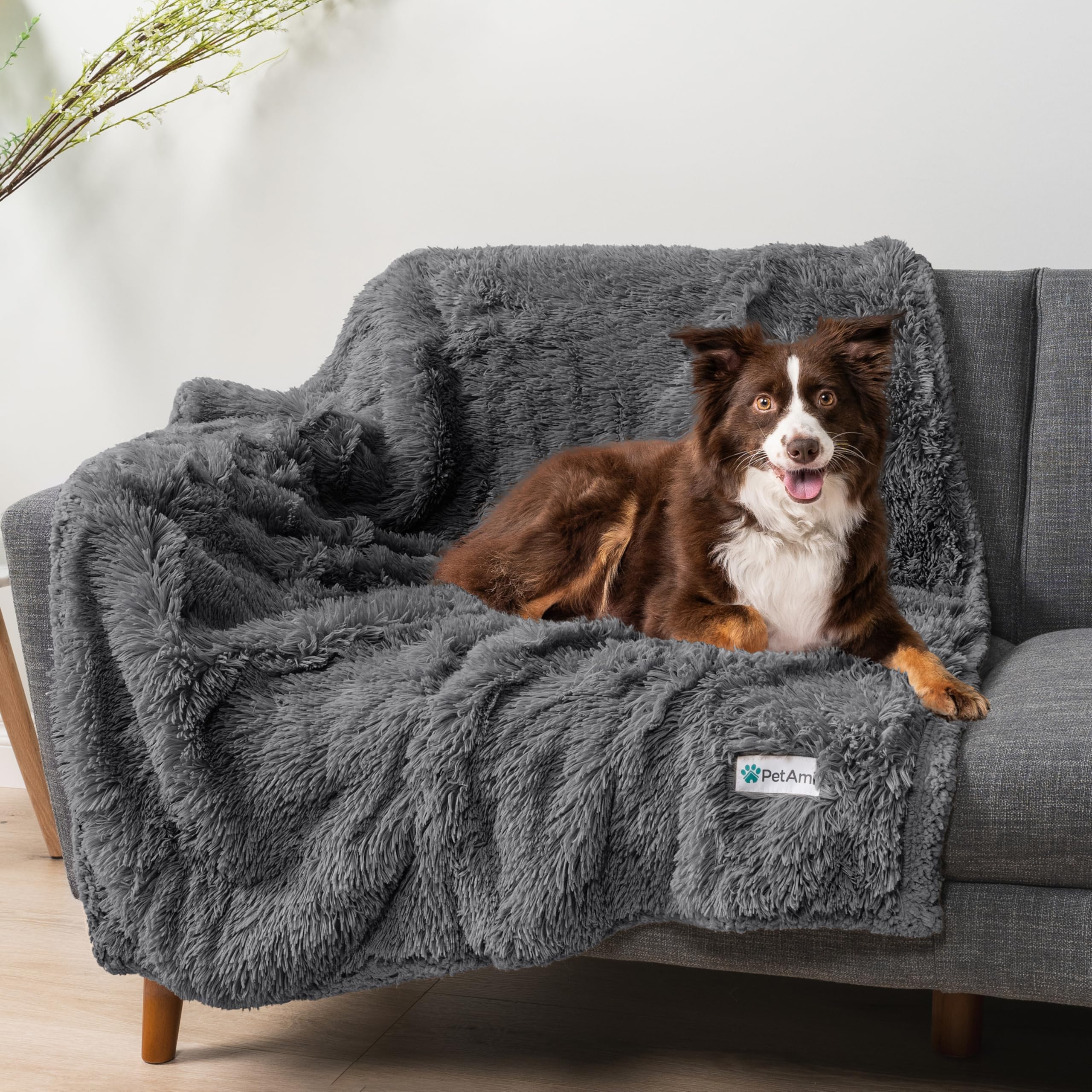 Petami Waterproof Dog Blanket For Medium Large Dogs, Calming Fleece Cat Blanket, Couch Protector Washable Sherpa Faux Fur Pet Throw For Puppy, Soft Reversible Leakproof 40X60 Gray