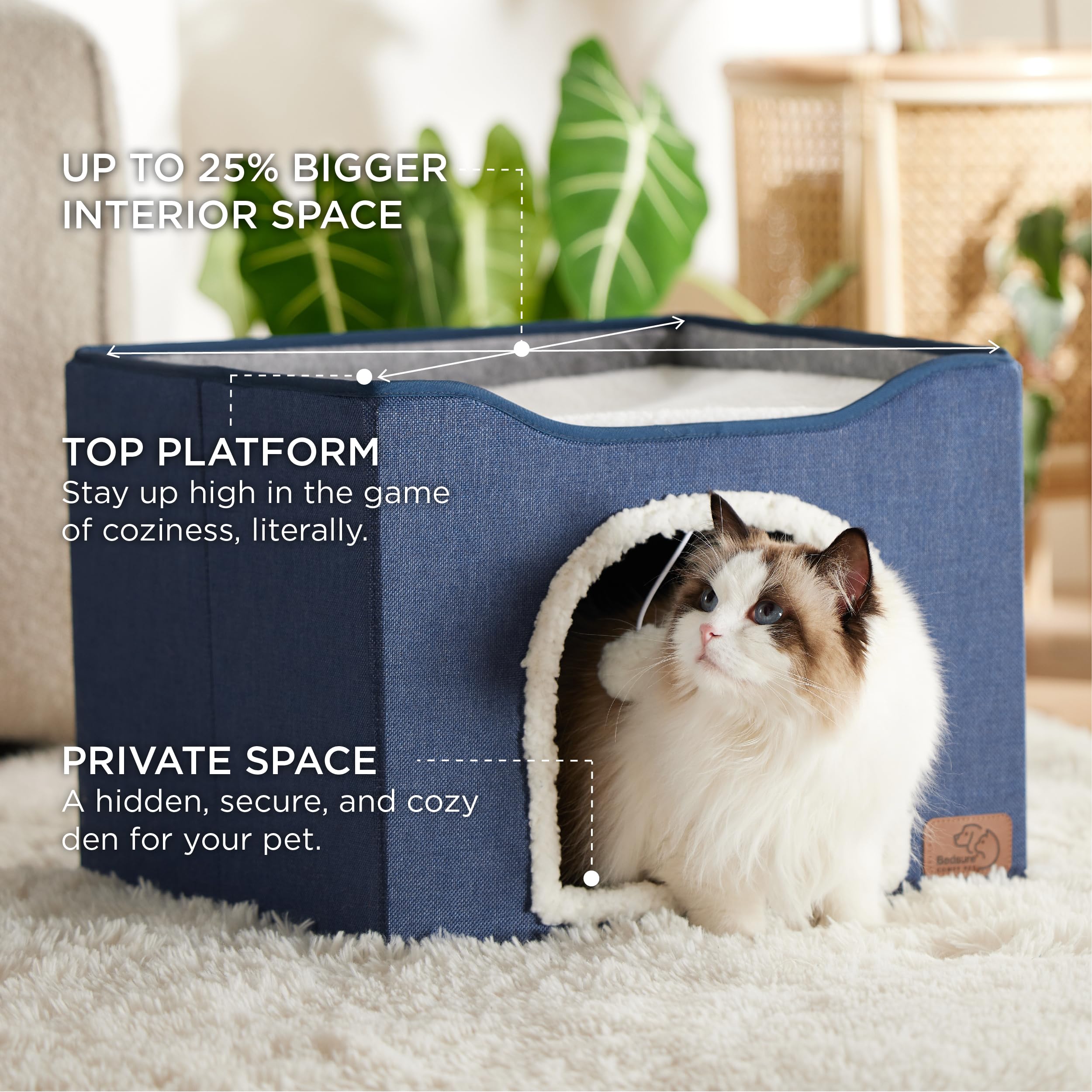 Bedsure Cat Beds For Indoor Cats - Large Cat Cave For Pet Cat House With Fluffy Ball Hanging And Scratch Pad, Foldable Cat Hideaway,16.5X16.5X13 Inches, Blue