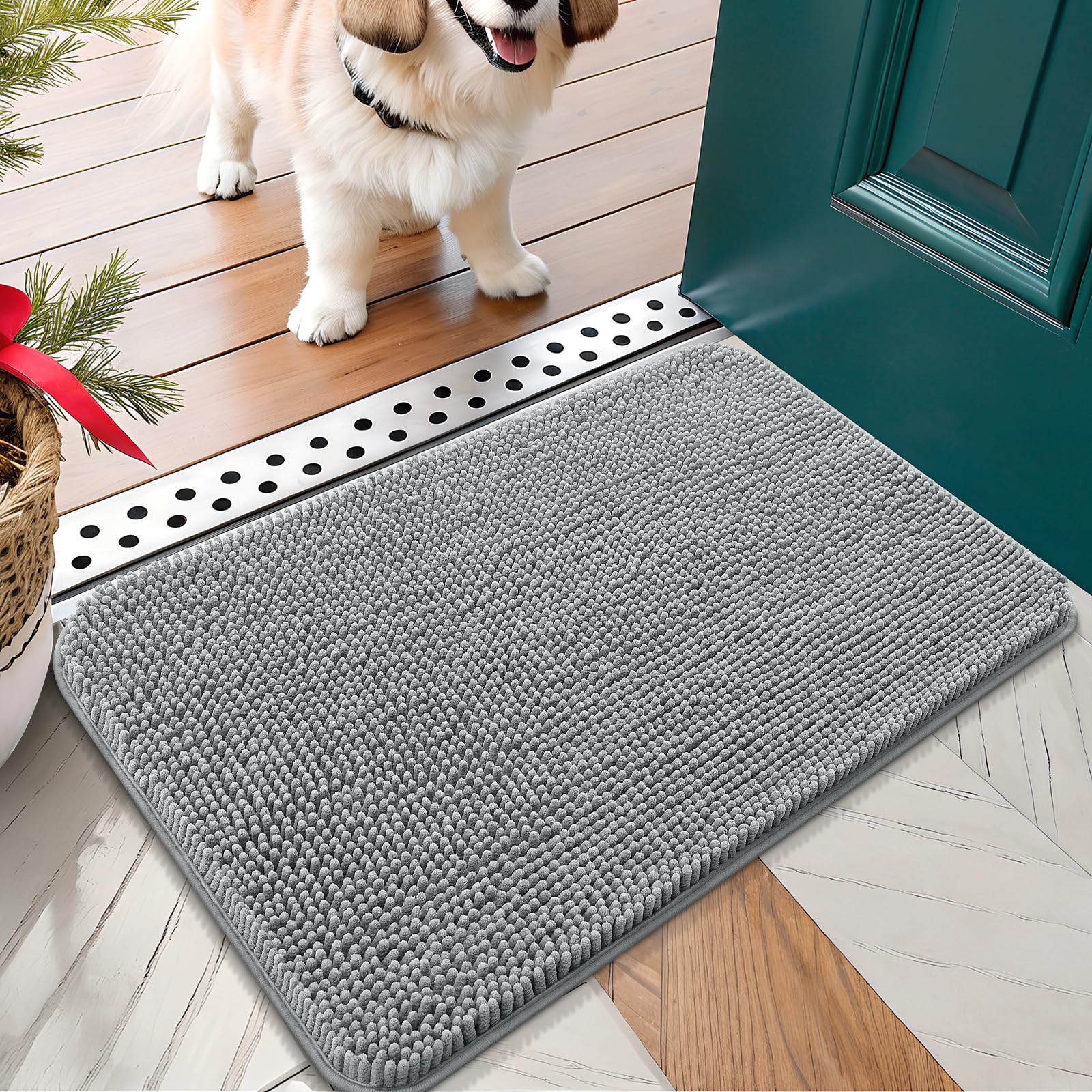 OLANLY Dog Door Mat for Muddy Paws 24x16, Absorbs Moisture and Dirt, Absorbent Non-Slip Washable Doormat, Quick Dry Chenille Mud