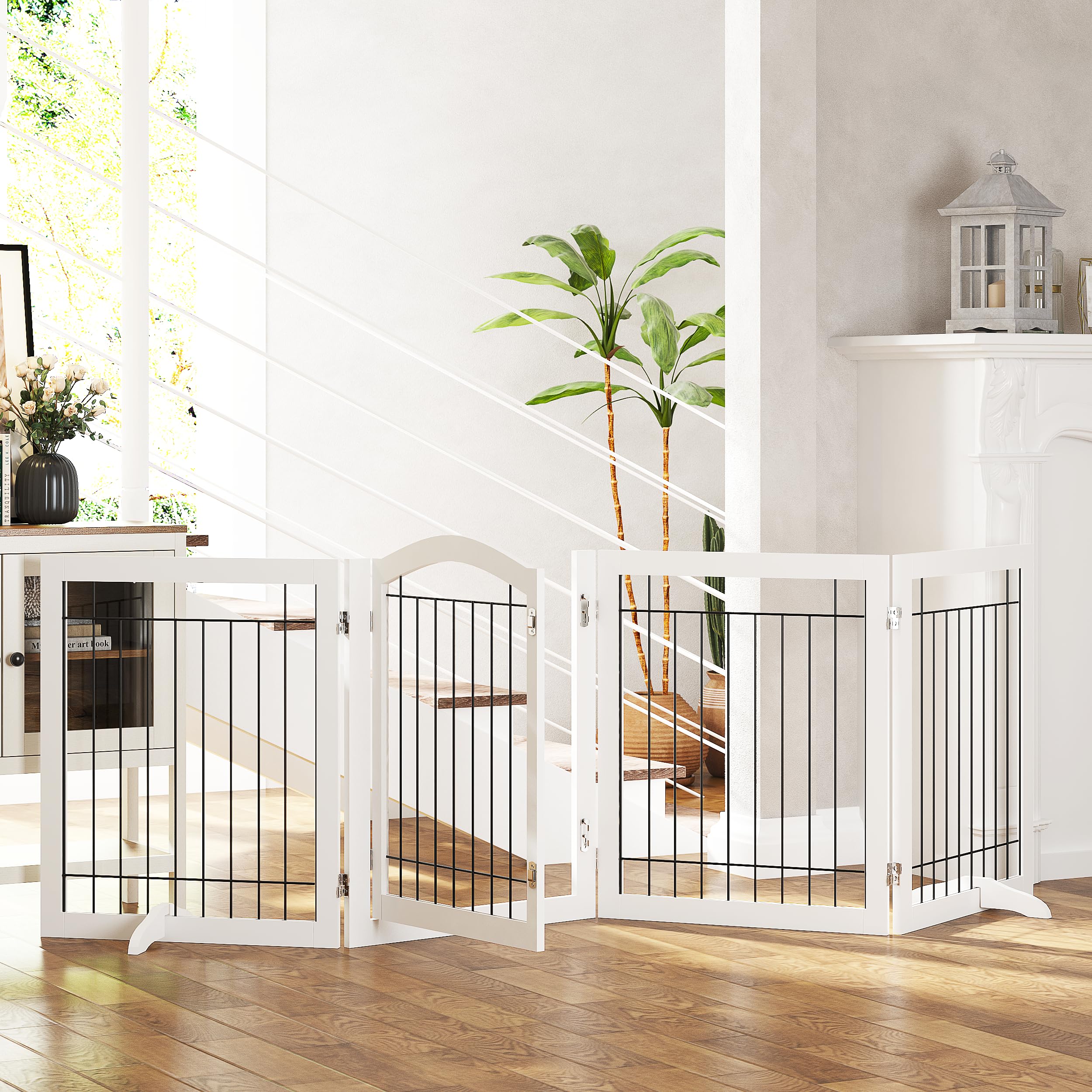 Spirich 96-Inch Extra Wide 30-Inches Tall Dog Gate With Door Walk Through, Freestanding Wire Pet Gate For The House, Doorway, Stairs, Pet Puppy Safety Fence, Support Feet Included (White)
