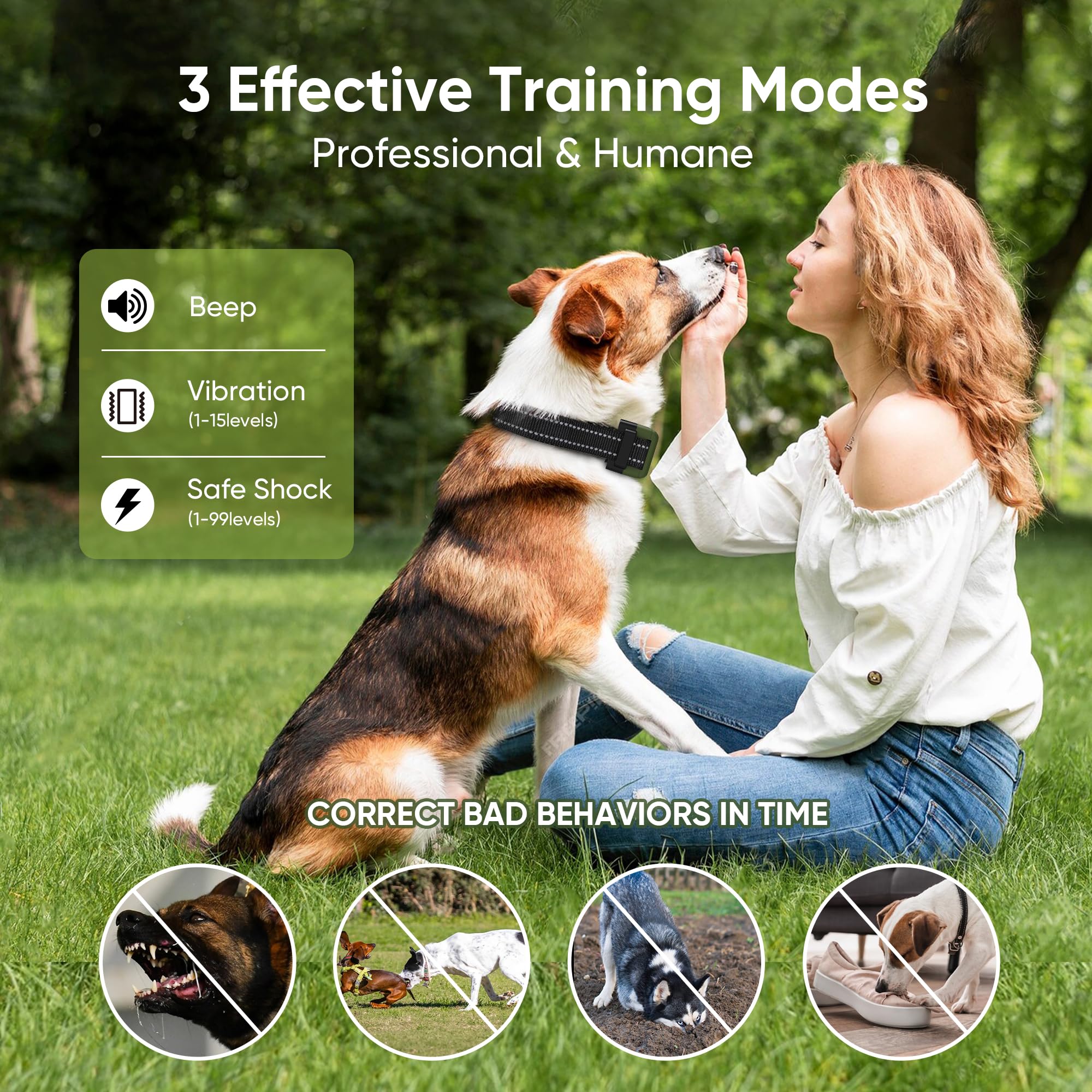 Bedeny Dog Shock Collar for 2 Dogs, 4500FT Range, 3 Training Modes, IP67 Waterproof, Green, Model DG800