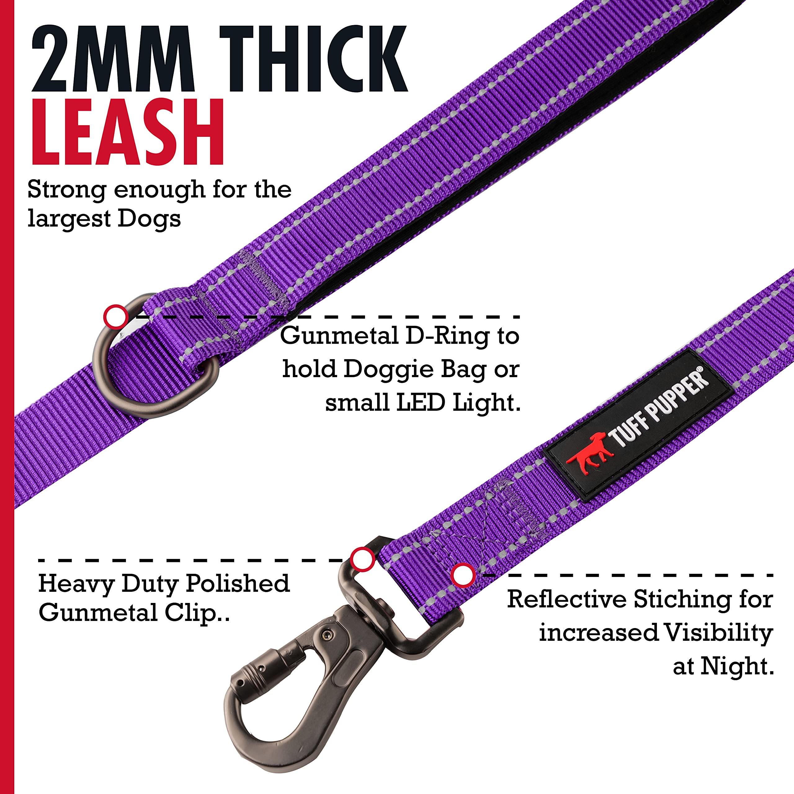 Tuff Pupper Heavy Duty Double Handle Leash - 6ft, Reflective, Purple, Twist Locking Carabiner for Medium & Large Dogs