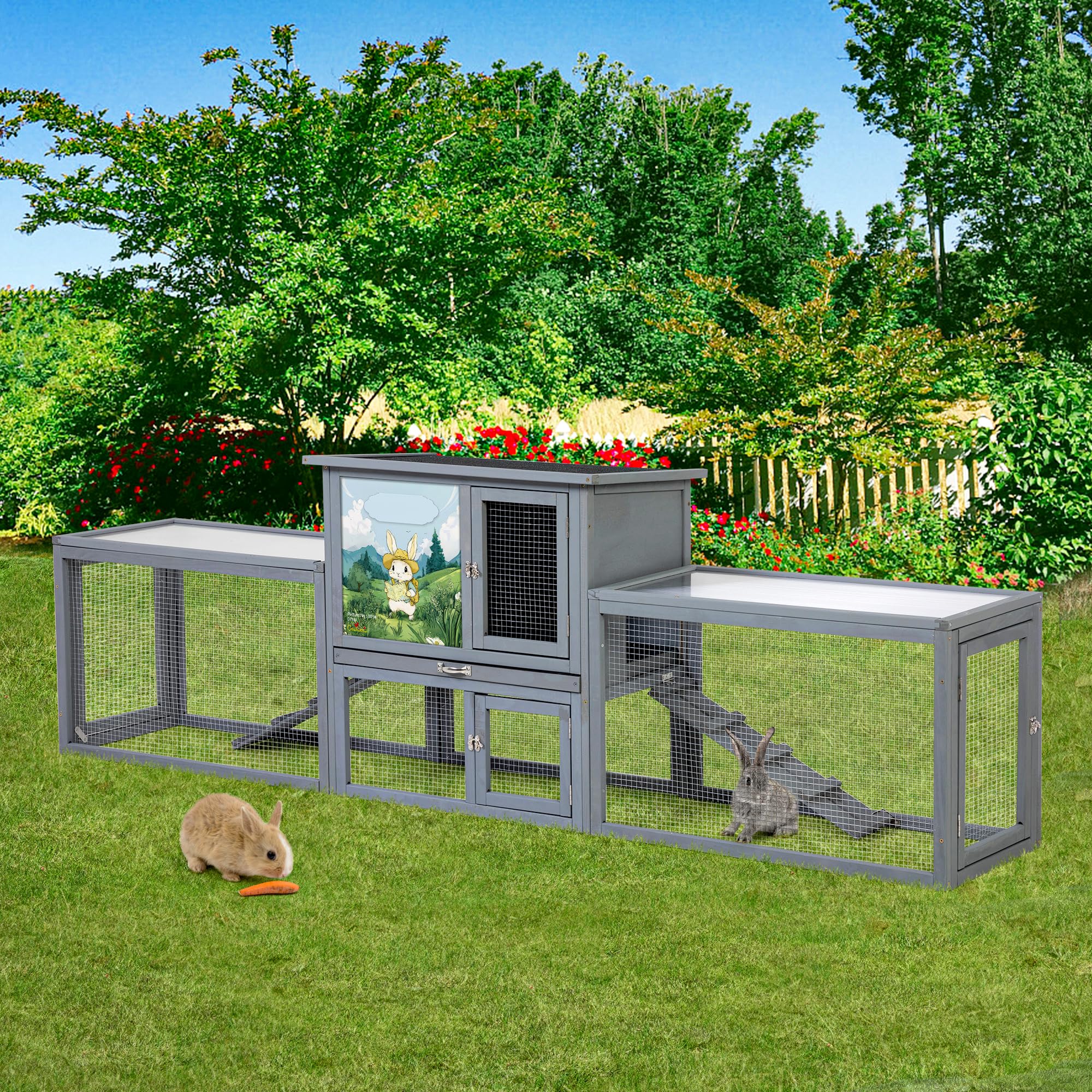 COZIWOW Rabbit Hutch Outdoor, 94.5 Extra Large Bunny Hutch, 2-Story Wooden Rabbit Cage Indoor for 2 or More Bunnies with Pull-Ou
